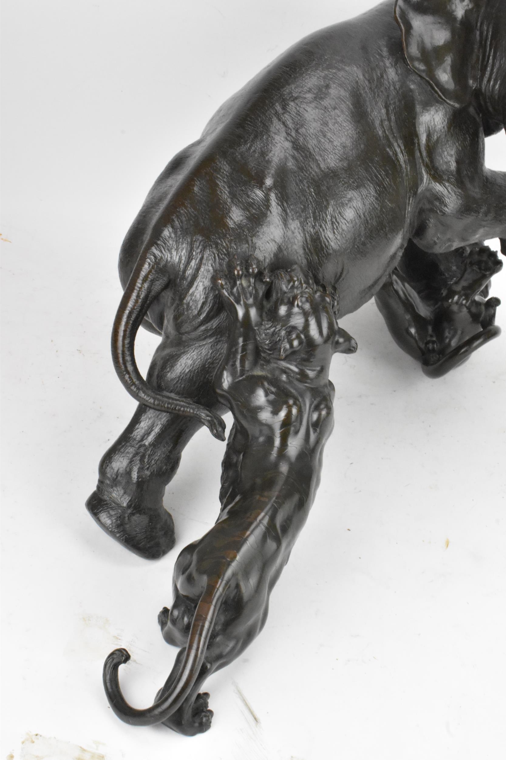 A Japanese Meiji period bronze group modeled as an elephant being attacked by three Siberian tigers, - Image 9 of 15