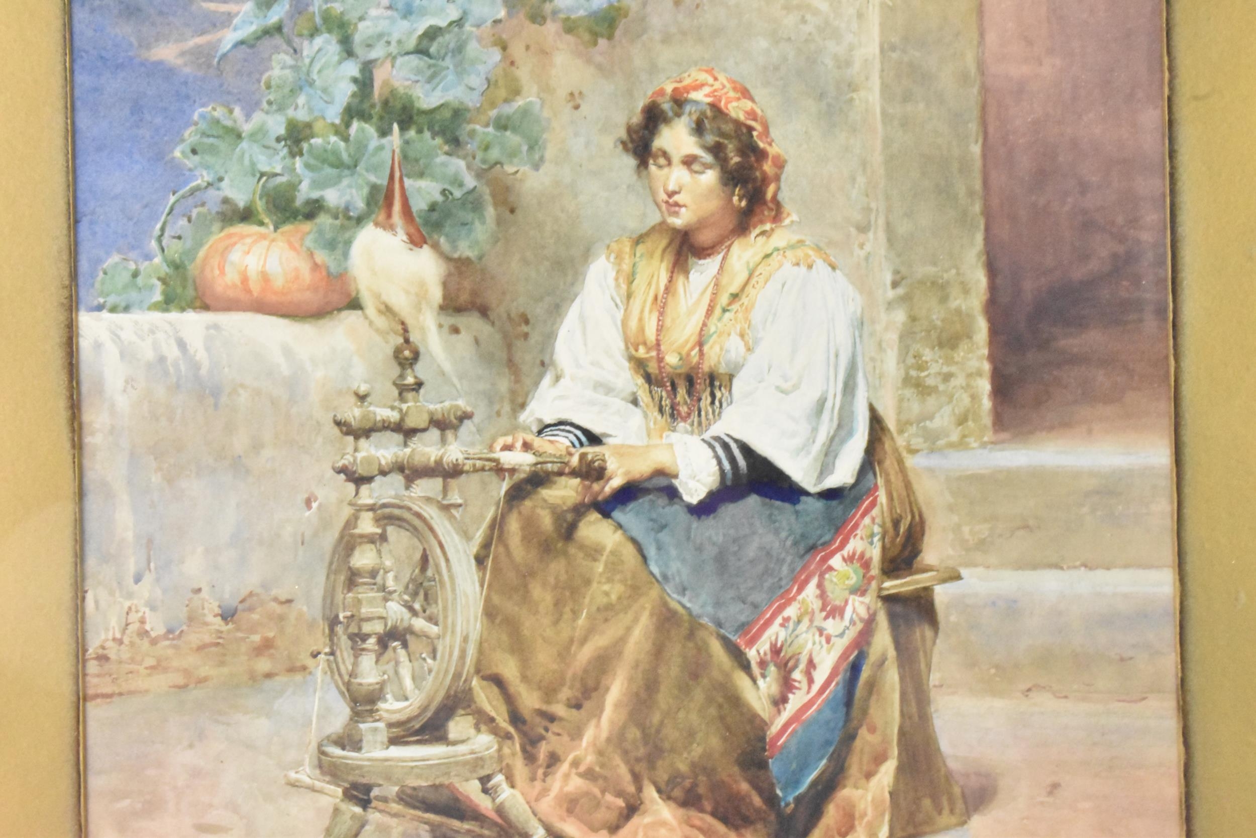 Francesco Coleman (1857-1918) - A watercolour depicting a lady using a spinning loom, signed to - Image 5 of 7