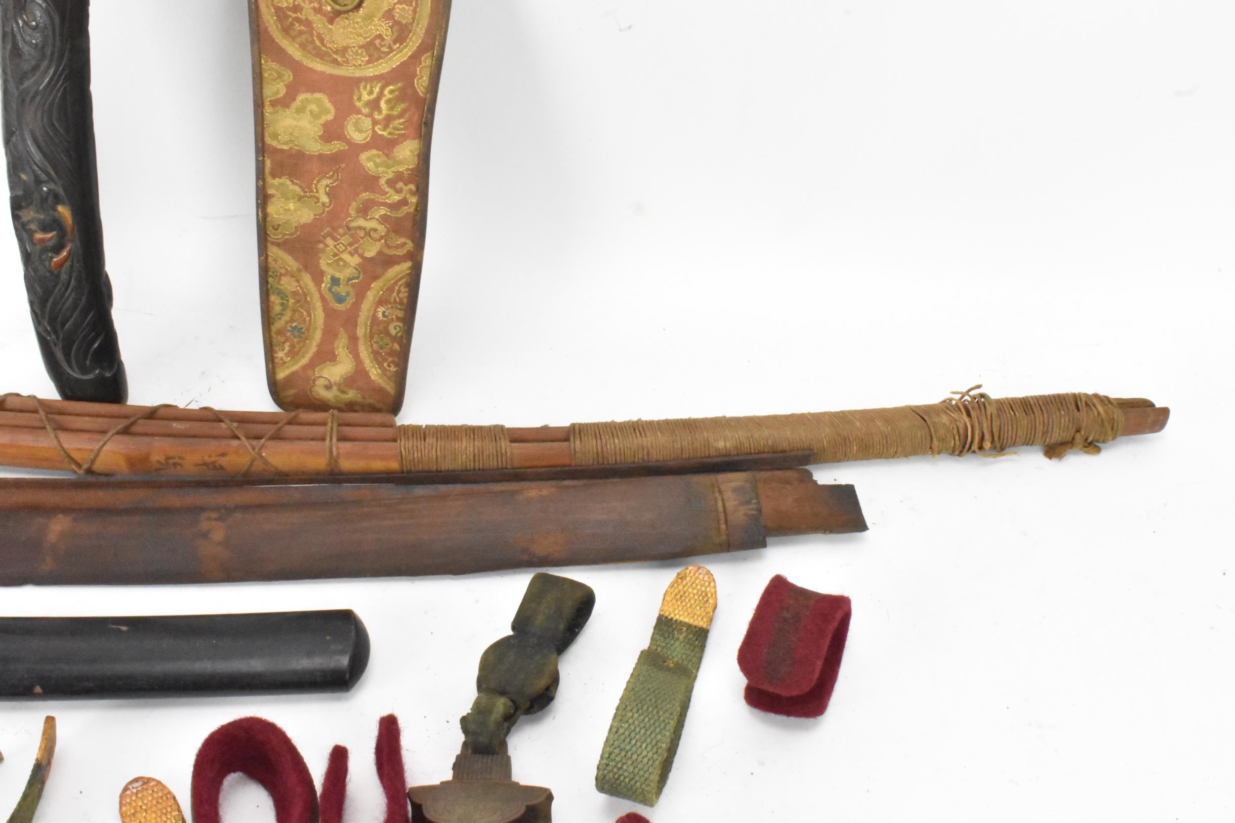 A selection of Japanese items to include a bamboo bow, bound in string and incised with two - Image 7 of 9