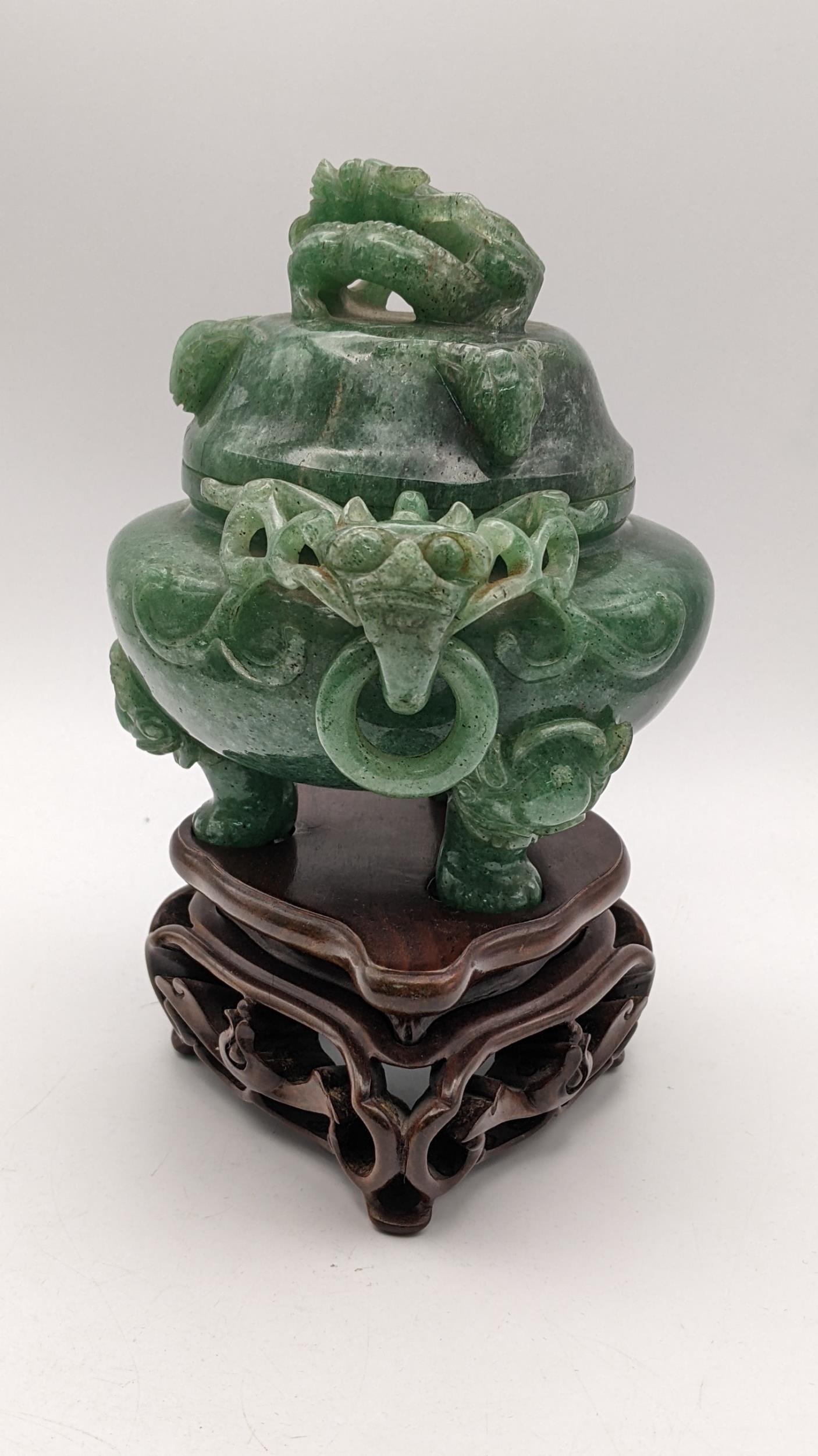 A 20th century Chinese jade censor, the lid decorated with a coiled dragon - Image 2 of 5