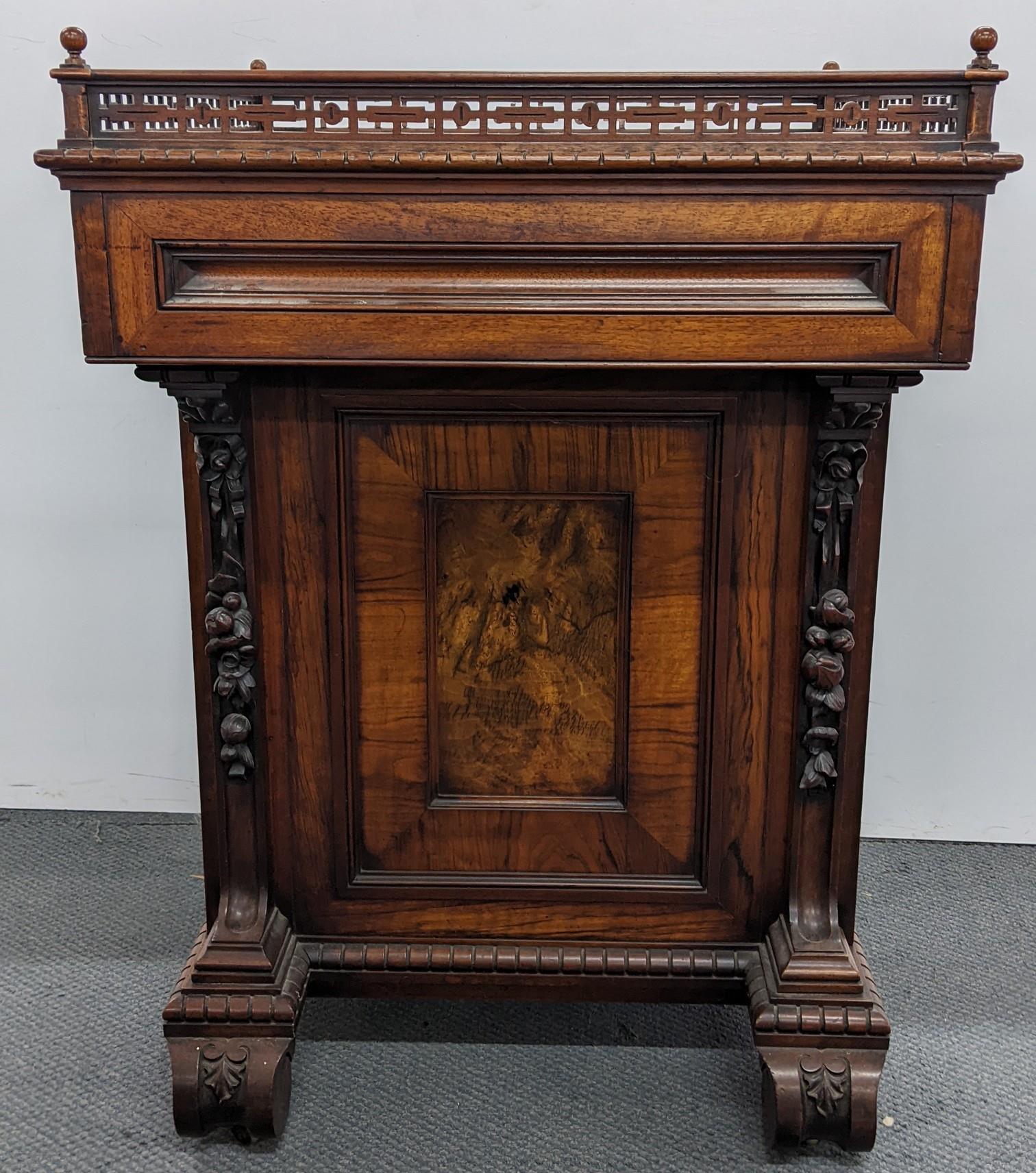 A late Victorian walnut centre pedestal cabinet, having a pierced gallery with turned ball - Image 8 of 11