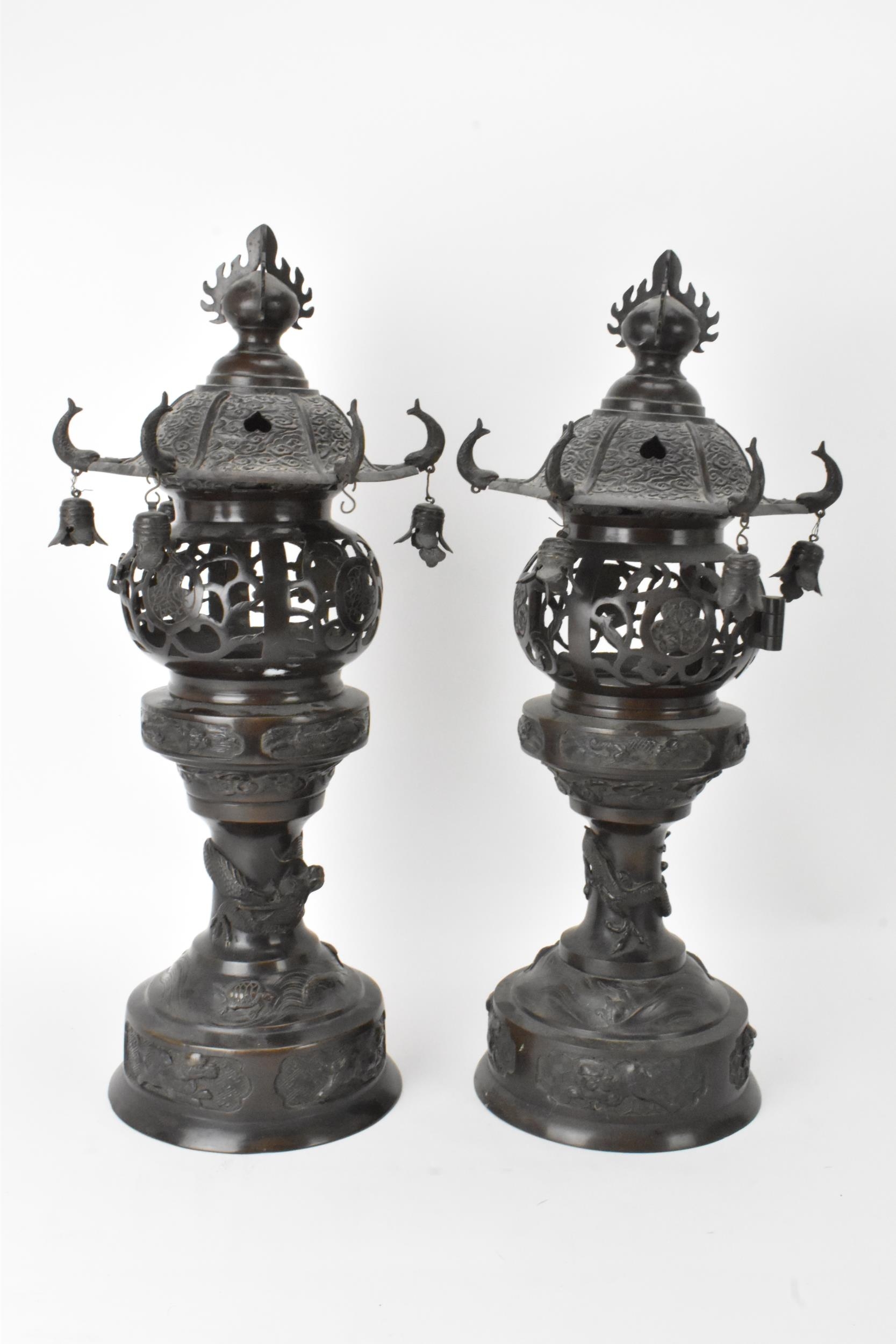 A pair of Japanese Meiji period bronze koros in the form of temples with pagoda roof with bells, - Image 2 of 7