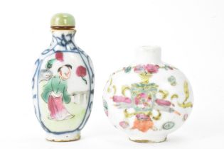 Two Chinese porcelain hand painted snuff bottles to include a Qing dynasty famille rose example