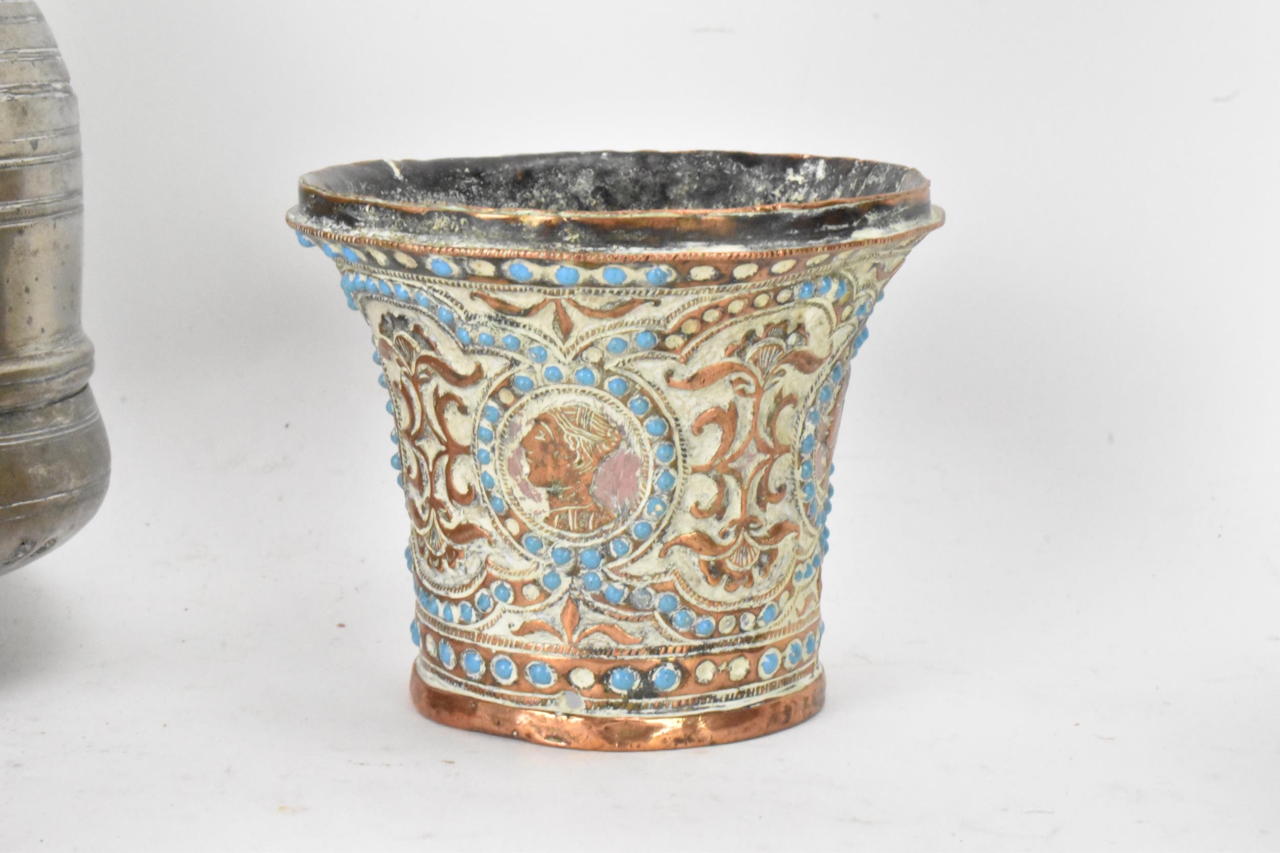 A selection of Middle Eastern artifacts to include a 19th century Persian Qajar copper hookah cup - Image 4 of 15