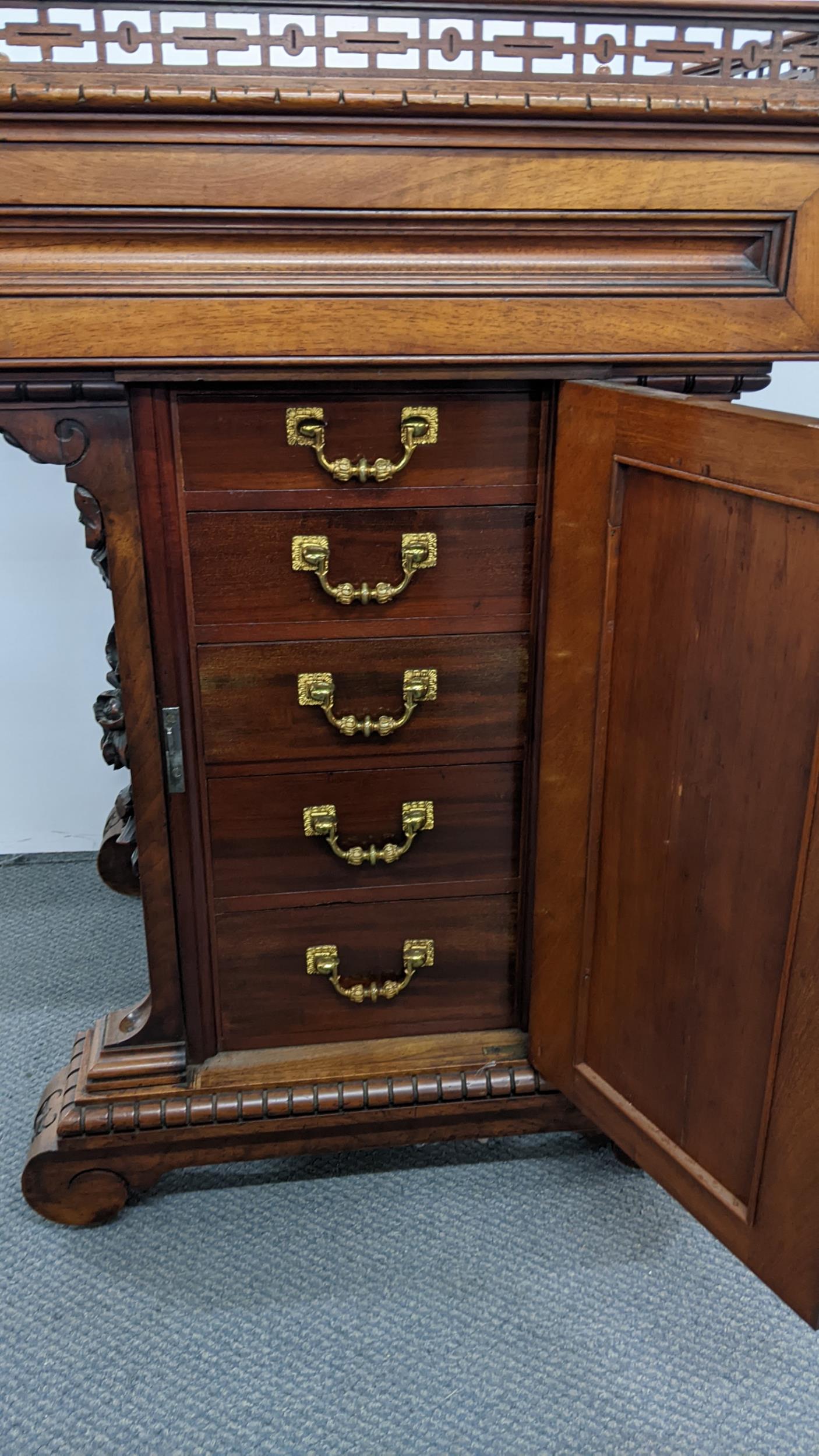 A late Victorian walnut centre pedestal cabinet, having a pierced gallery with turned ball - Image 7 of 11