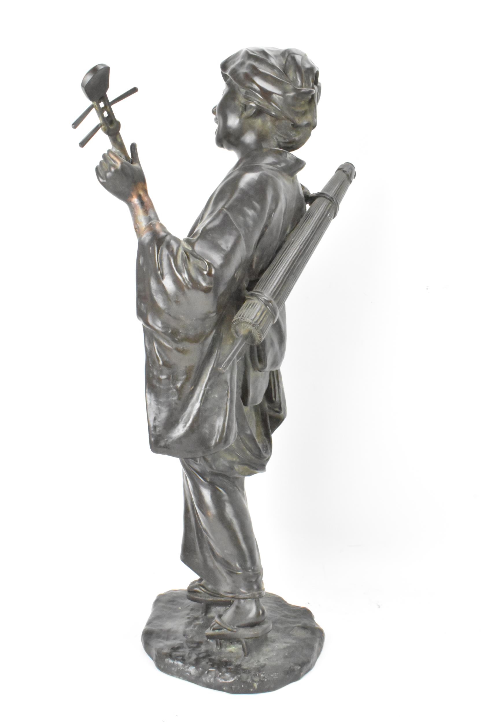 A Japanese Meiji period bronze figure of a bijin musician, wearing a kimono and playing a shamisen - Image 2 of 6