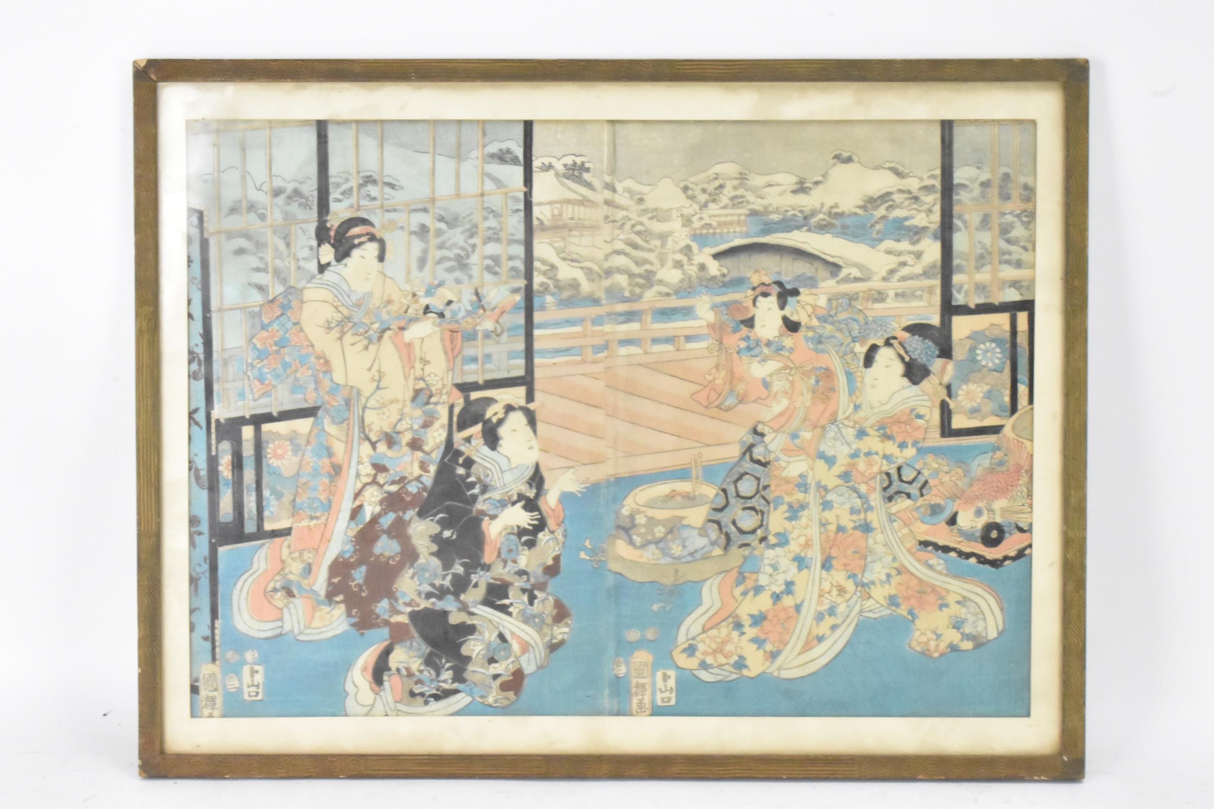 Utagawa Kuniyoshi (1797-1861) A mid 19th century woodblock print depicting Geisha girls interior