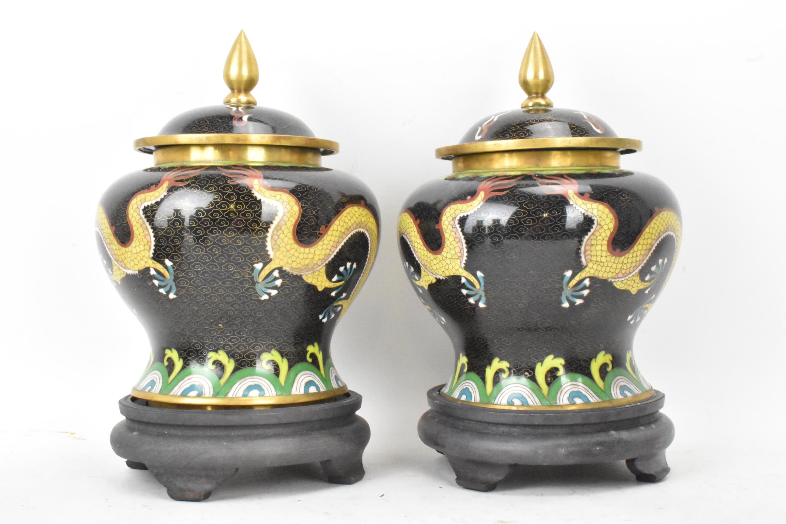 A pair of Chinese mid 20th century cloisonne lidded vases, each of baluster form body with black - Image 3 of 8
