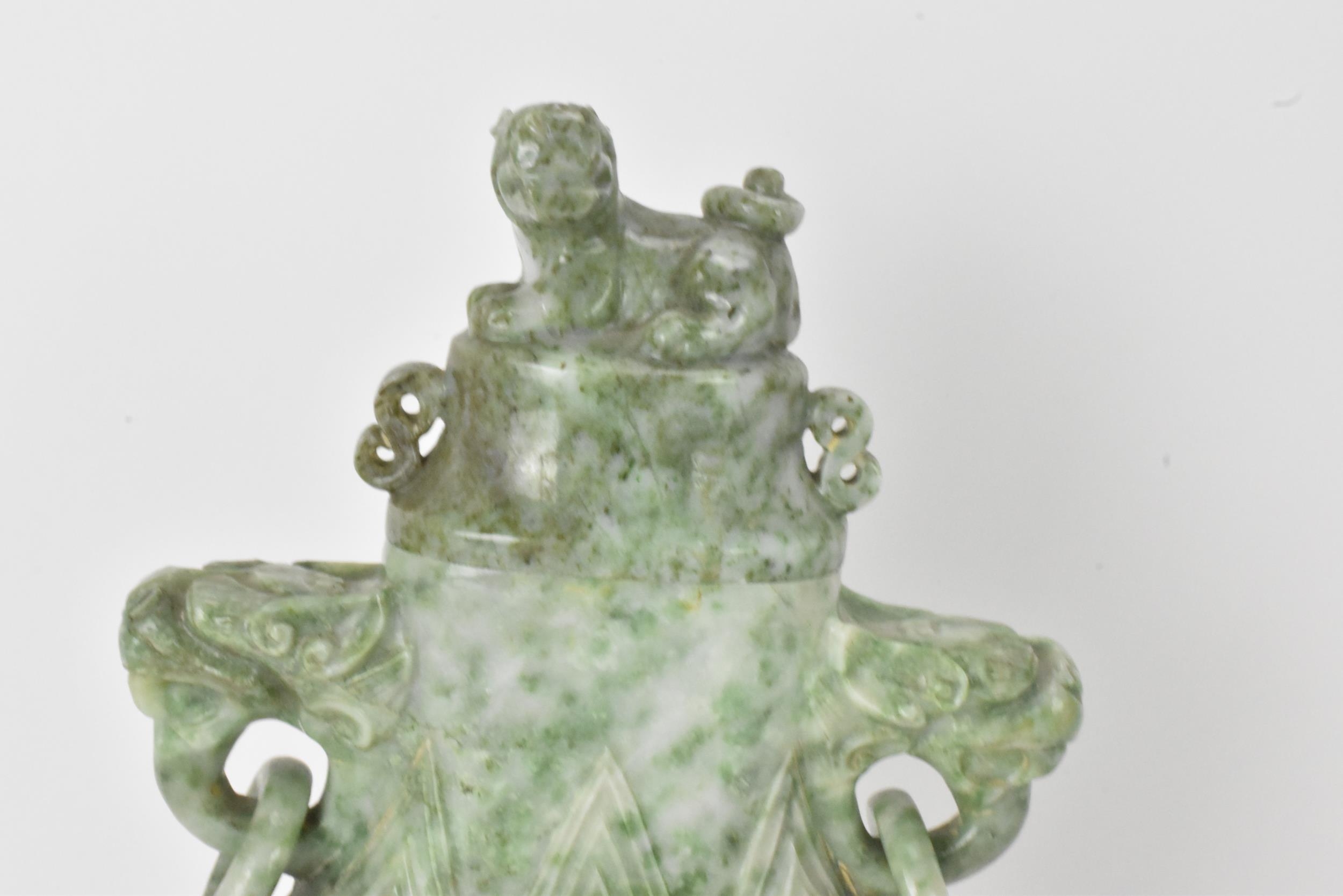 A Chinese 20th century jadeite vase, of flattened baluster shape with archaistic relief - Image 2 of 8