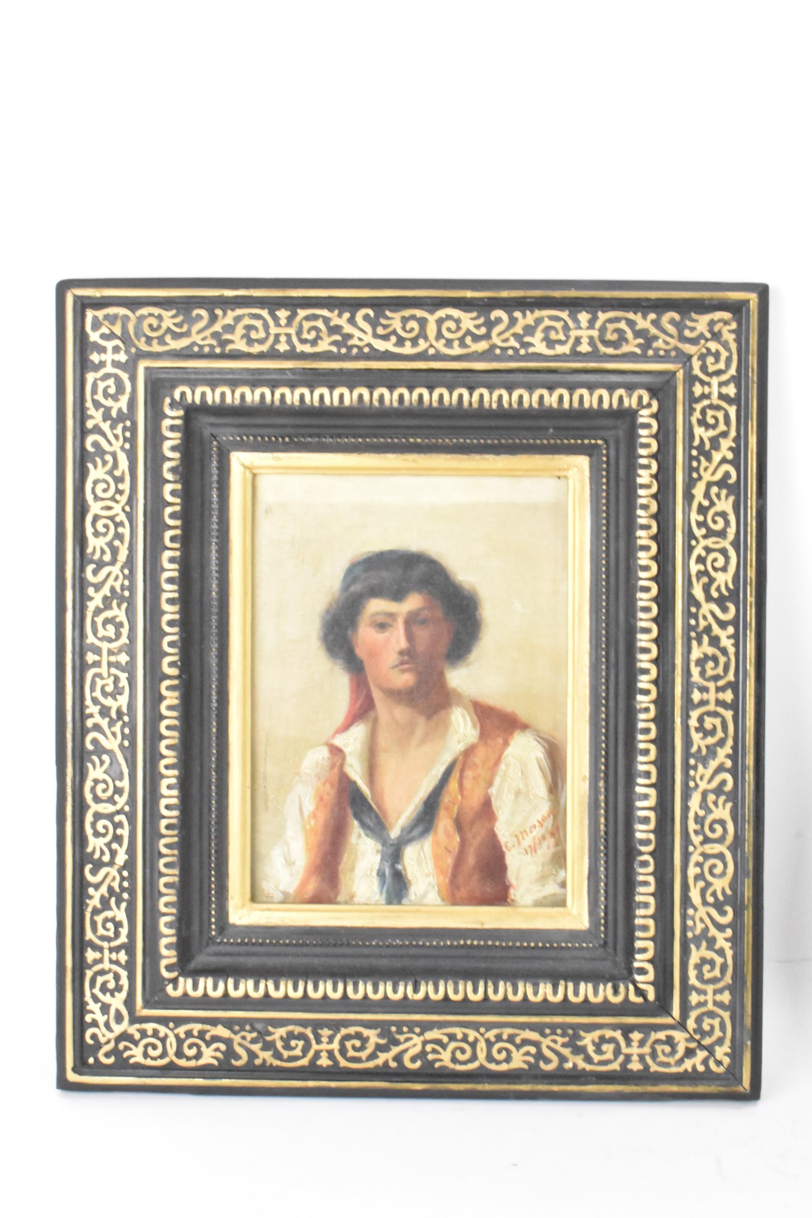 E Mason - Two late 19th century oil on boards depicting portraits of a gent and a lady, one with - Image 6 of 9