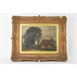 A late 19th century oil on canvas landscape scene depicting a cottage with a figure to the