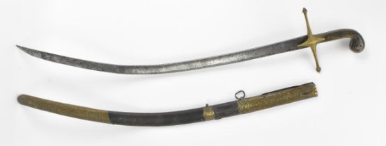 An Ottoman Empire shamshir sword, having a curved blade with gilt calligraphy, characteristic gilt