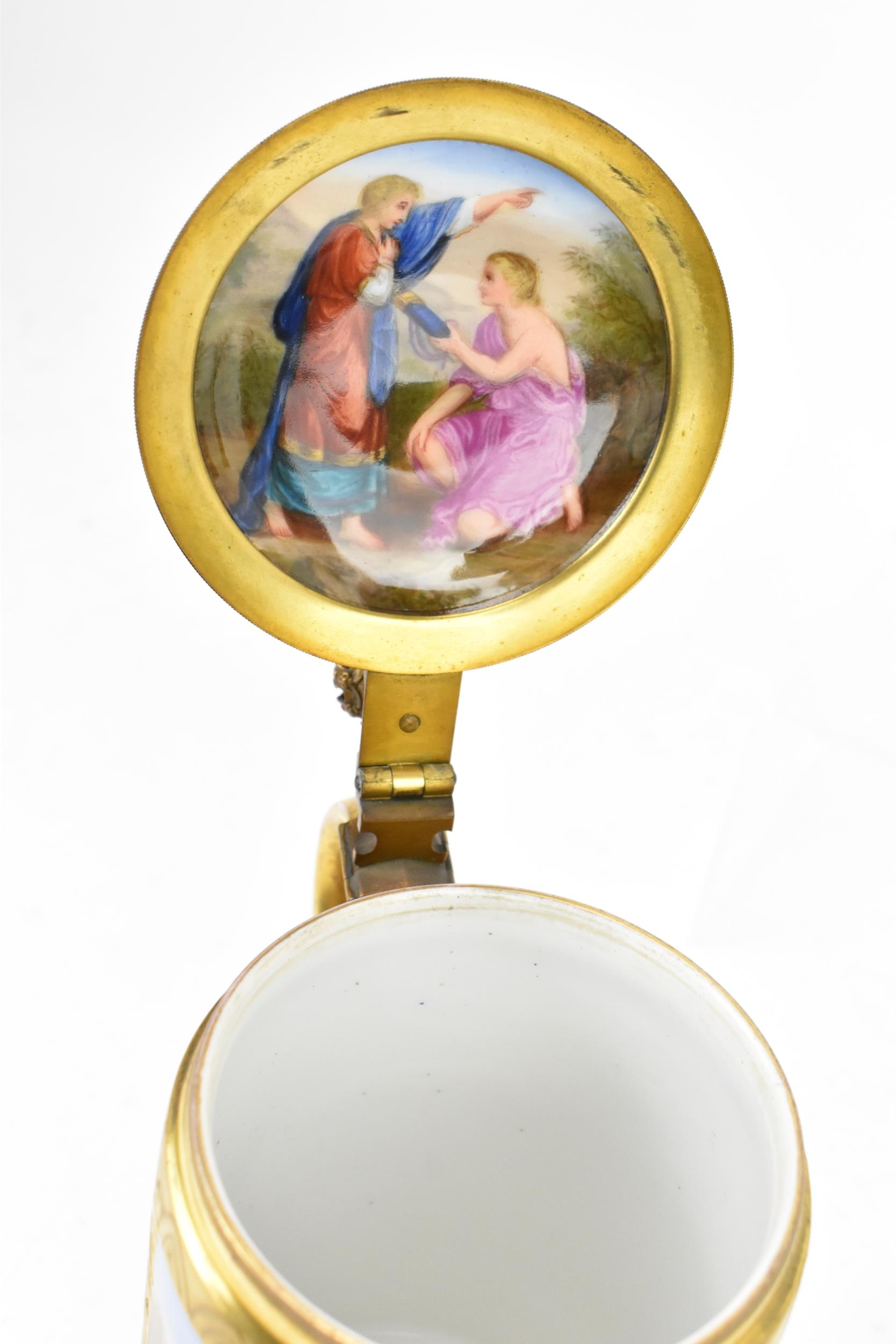A brass-mounted Royal Vienna porcelain tankard, of cylindrical form painted with a figurative - Image 7 of 9
