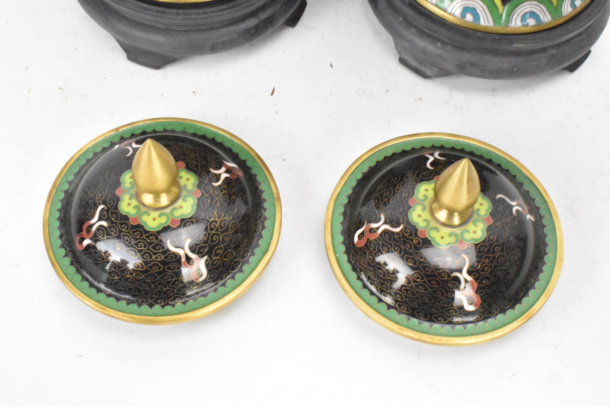 A pair of Chinese mid 20th century cloisonne lidded vases, each of baluster form body with black - Image 6 of 8