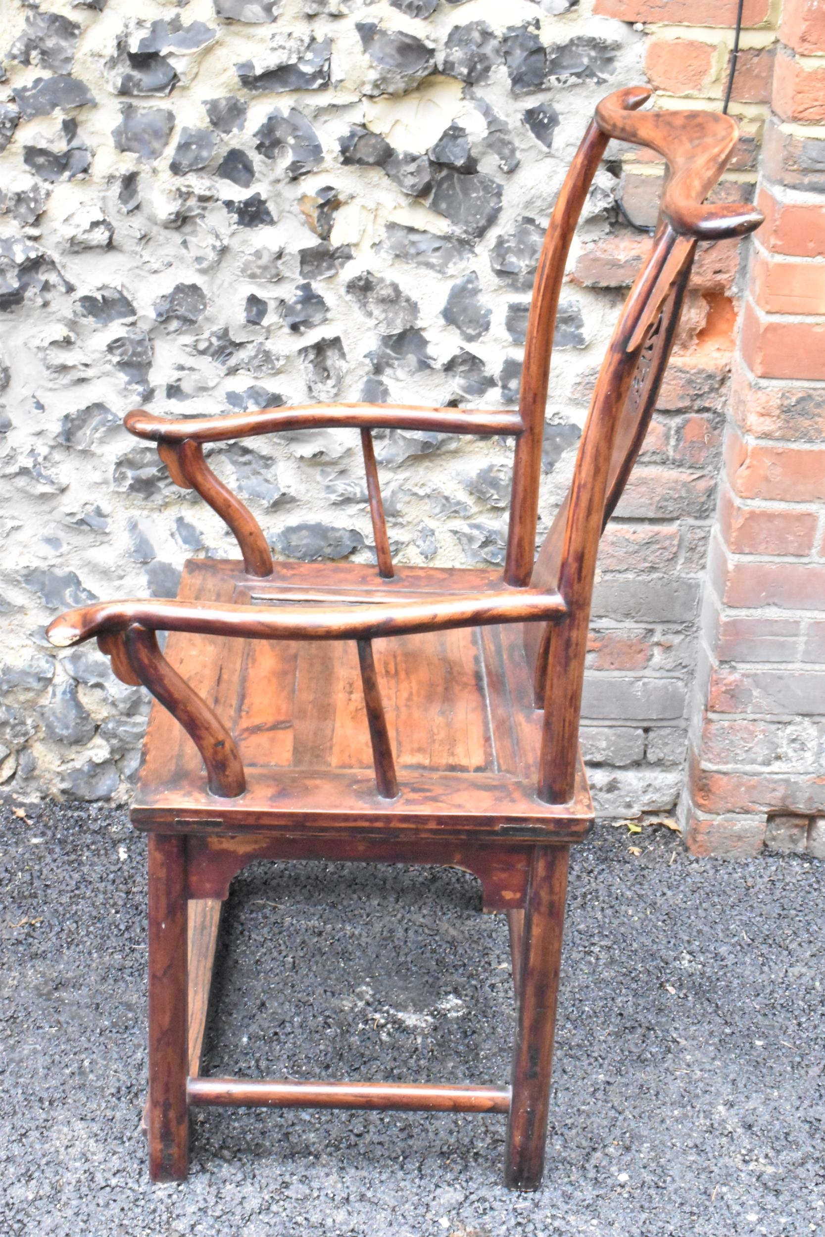 A pair of 20th century Chinese Ming style yoke back hardwood armchairs, with curved top rail and - Image 3 of 10