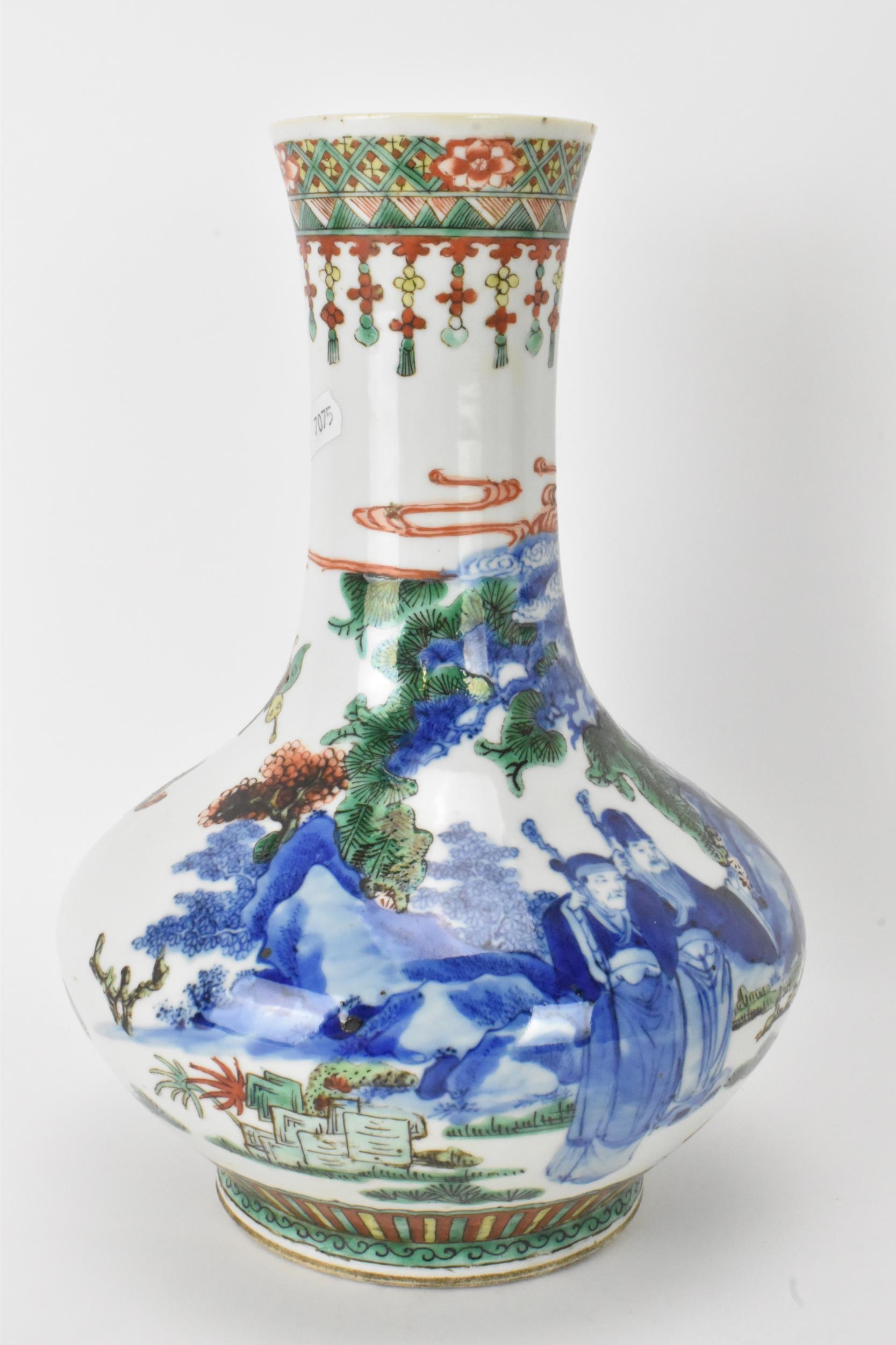 A Chinese Famille Vert bottle neck vase, decorated with figures, horse and butterflies in a - Image 4 of 6