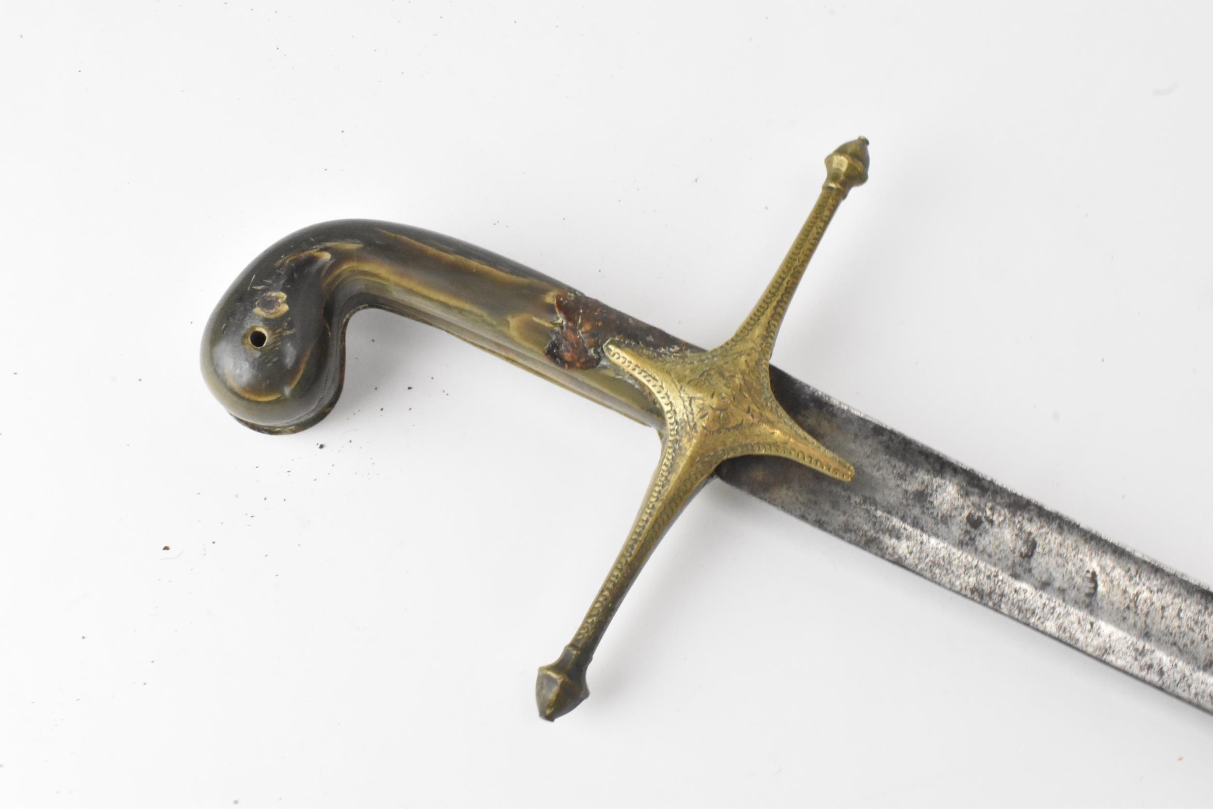 An Ottoman Empire shamshir sword, having a curved blade with gilt calligraphy, characteristic gilt - Image 6 of 16