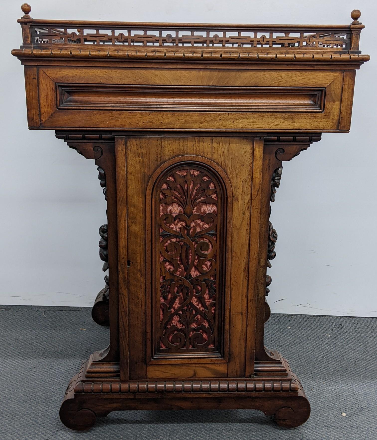 A late Victorian walnut centre pedestal cabinet, having a pierced gallery with turned ball - Image 9 of 11