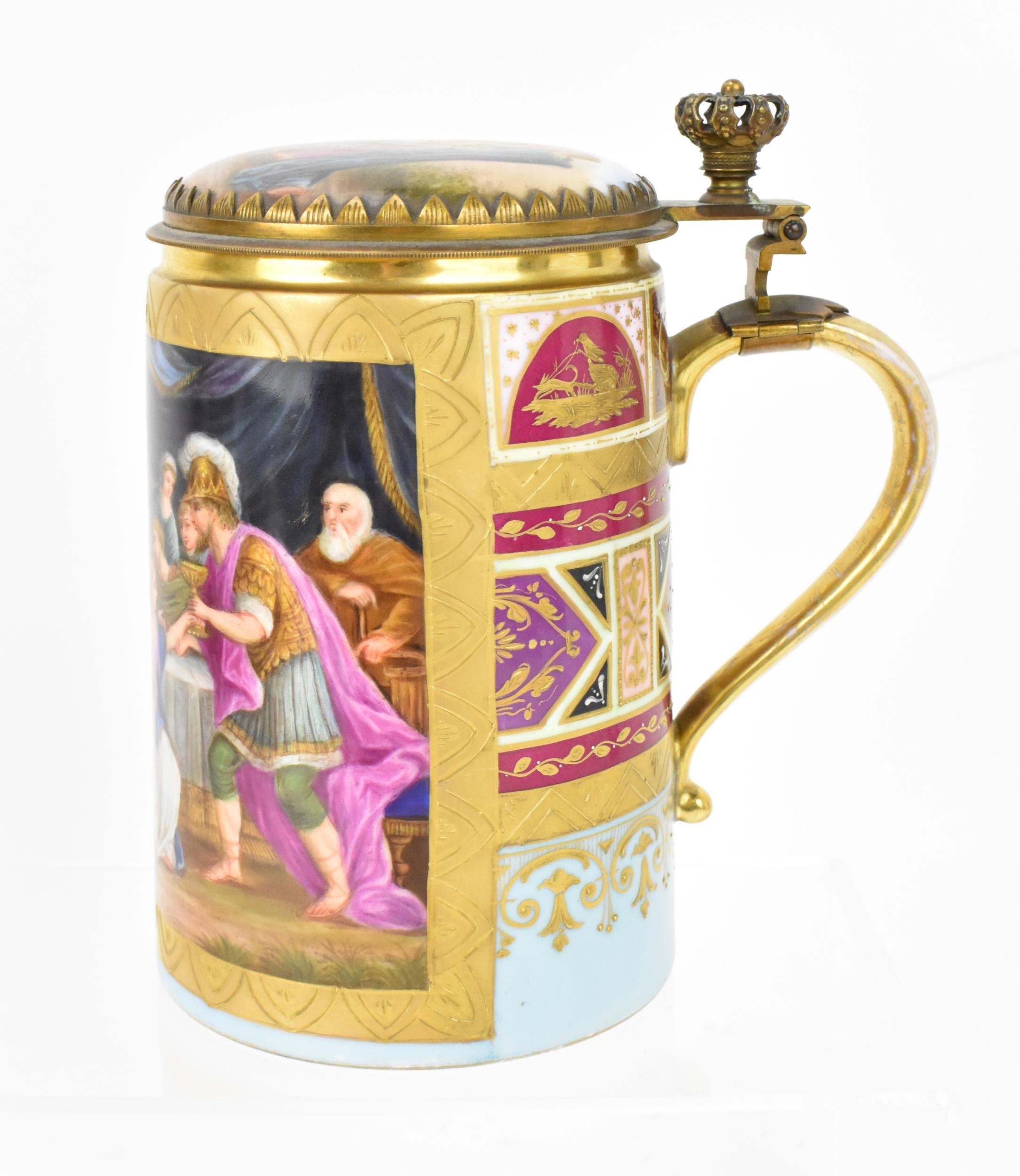 A brass-mounted Royal Vienna porcelain tankard, of cylindrical form painted with a figurative - Image 2 of 9