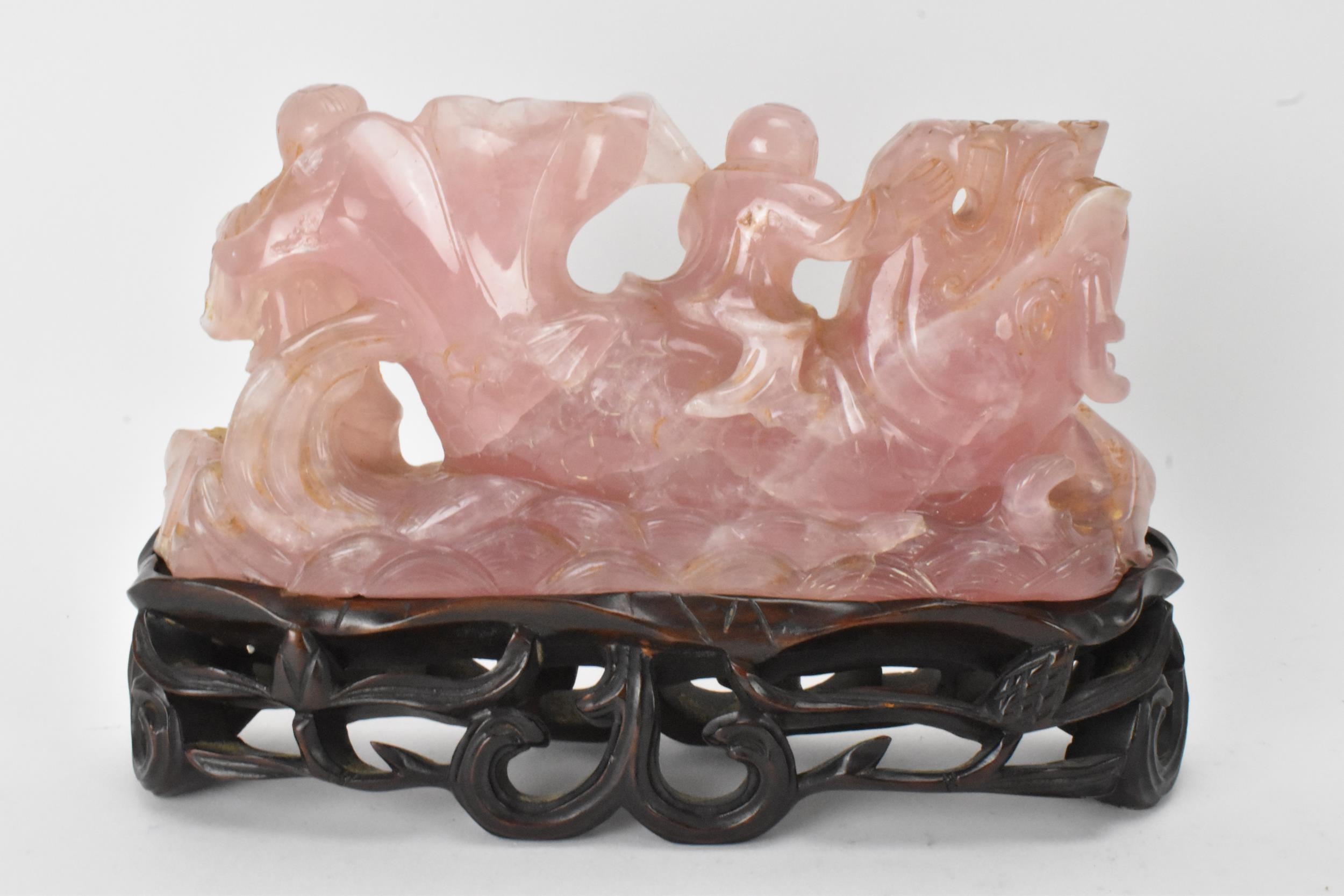 A Chinese 20th century rose quartz figural group of children in a nautical setting riding a sea - Image 3 of 6