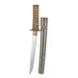 A Japanese wakizashi sword, steel blade, pierced tsuba, brown braid bound tsuka, shagreen handle,