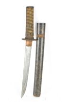 A Japanese wakizashi sword, steel blade, pierced tsuba, brown braid bound tsuka, shagreen handle,