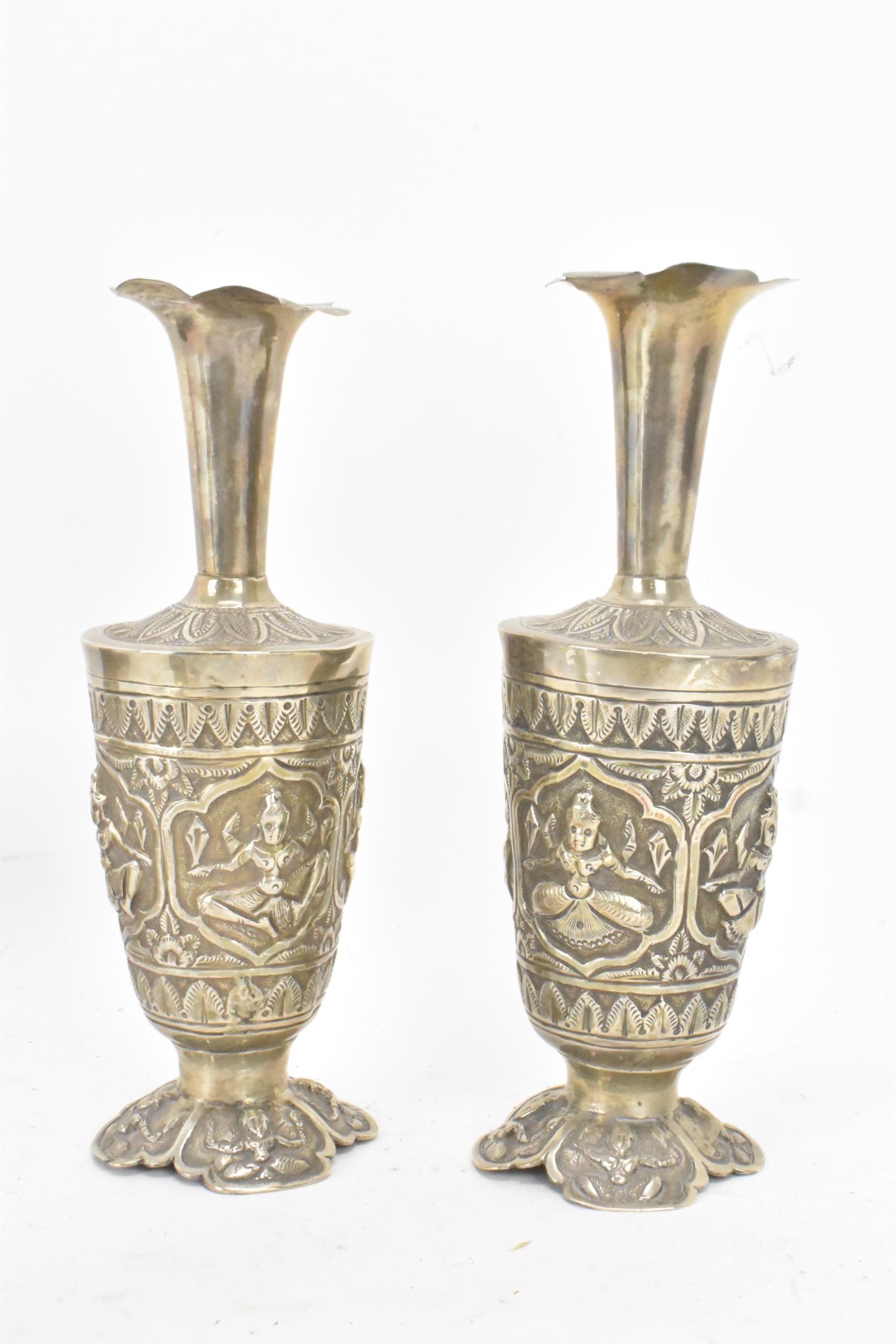 A small collection of Indian white metal implements including two vases with crimped tips and - Image 3 of 11