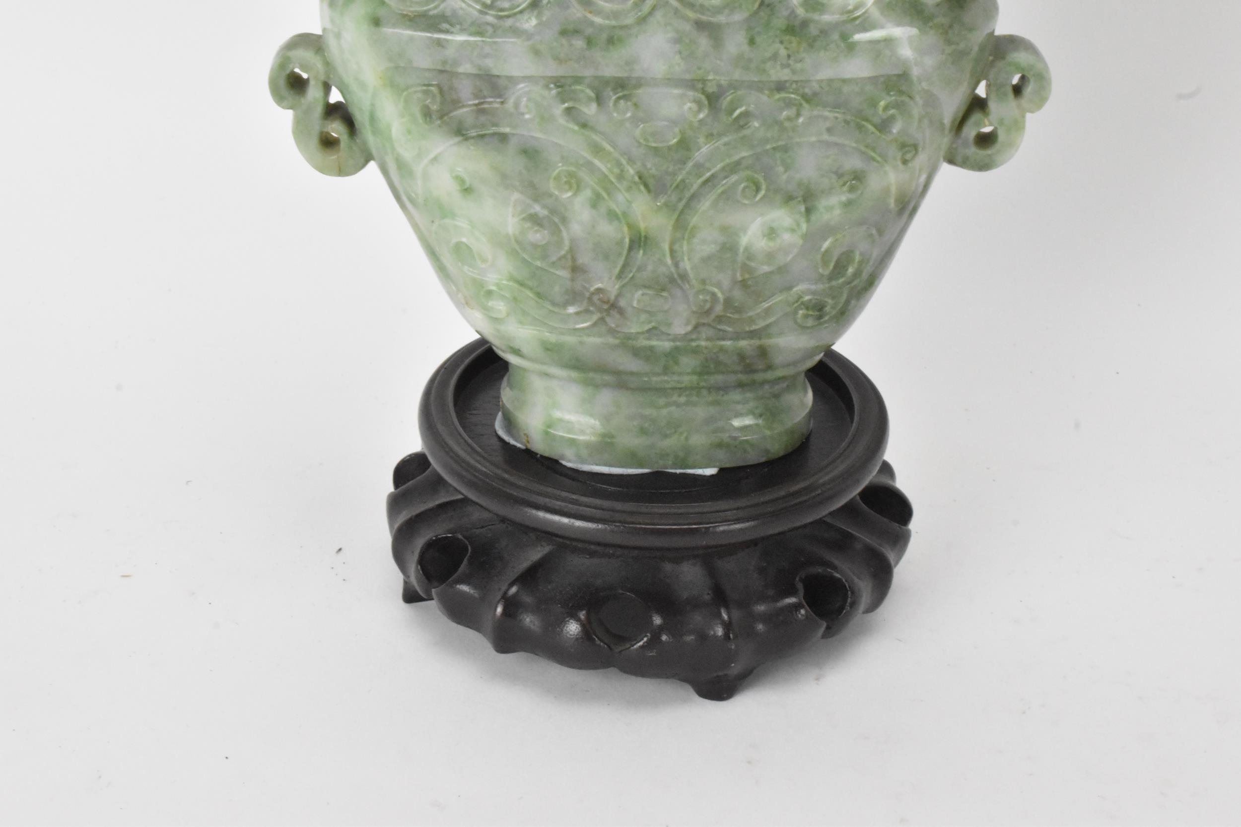 A Chinese 20th century jadeite vase, of flattened baluster shape with archaistic relief - Image 5 of 8