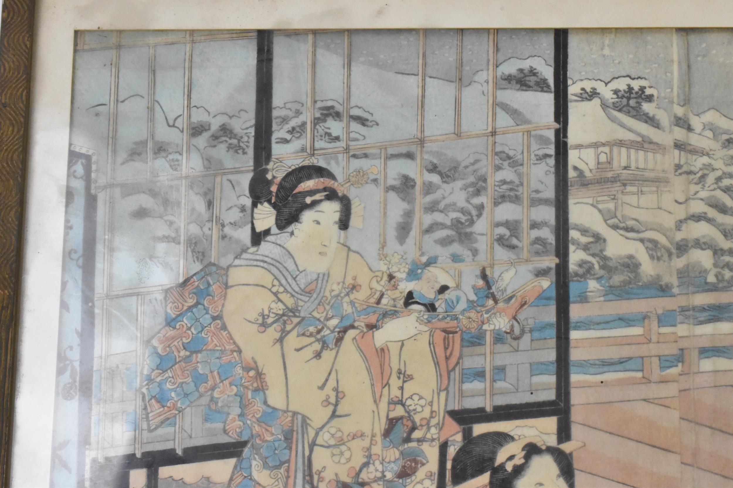 Utagawa Kuniyoshi (1797-1861) A mid 19th century woodblock print depicting Geisha girls interior - Image 6 of 8