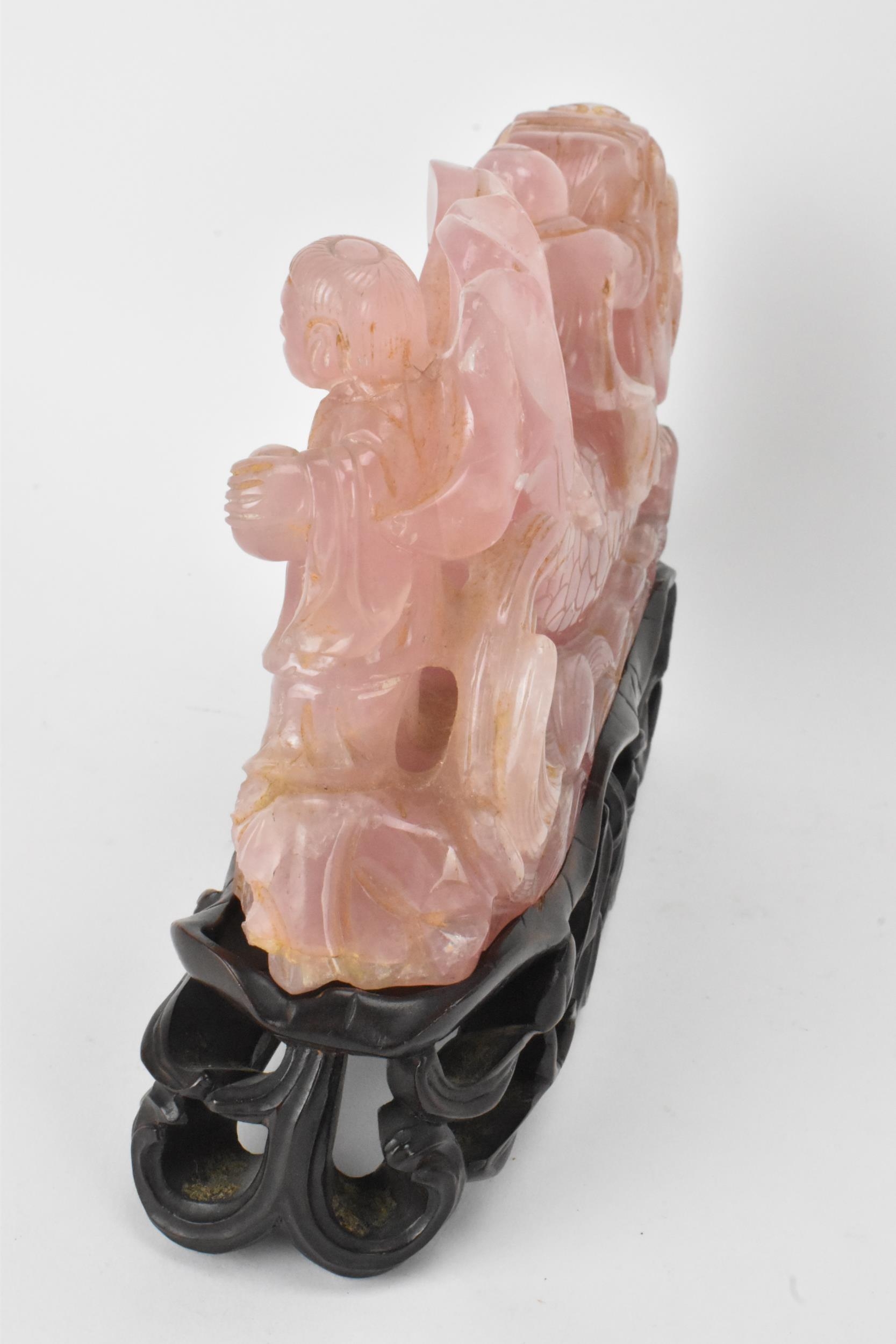 A Chinese 20th century rose quartz figural group of children in a nautical setting riding a sea - Image 2 of 6