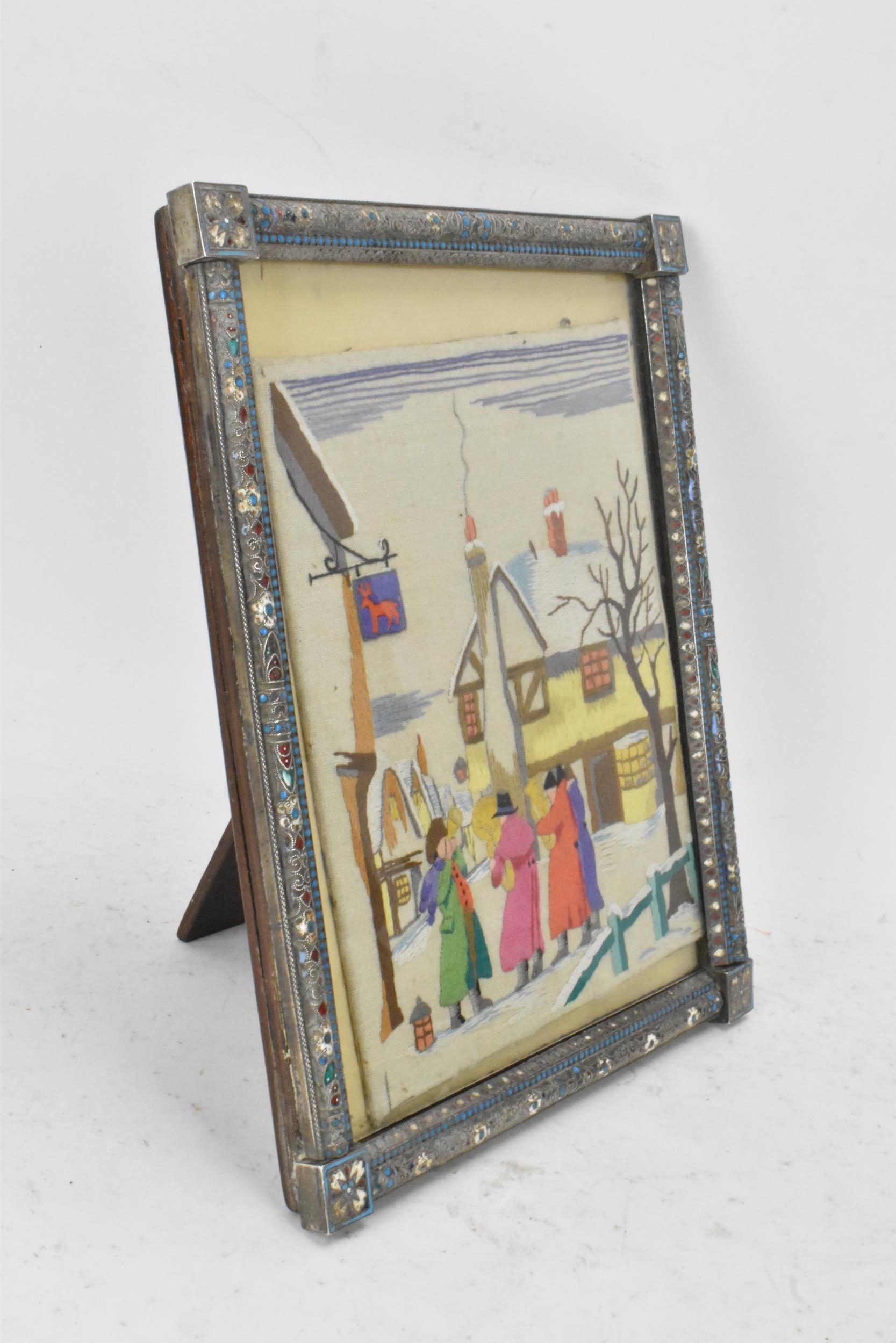 A Russian silver early 20th century champleve enamel photograph frame, inset with a tapestry and - Image 13 of 15