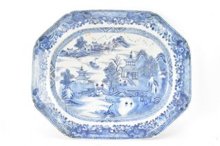 A Chinese export, 18th century, Qianlong period blue and white meat plate, of canted form