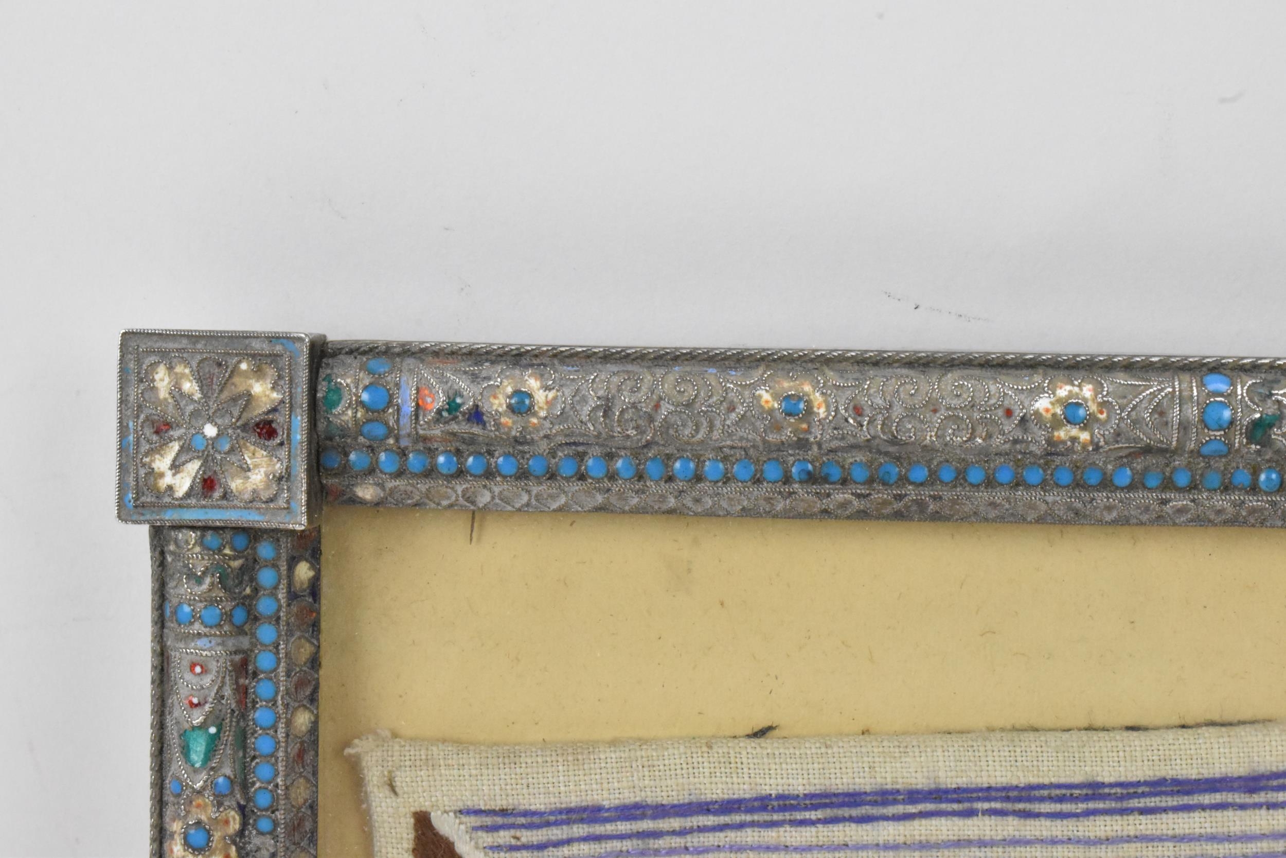 A Russian silver early 20th century champleve enamel photograph frame, inset with a tapestry and - Image 10 of 15