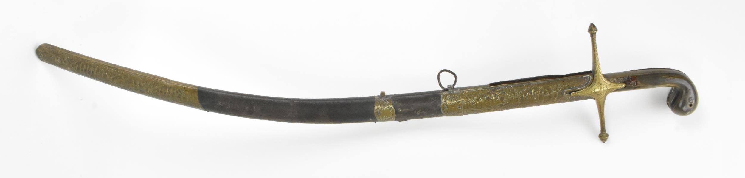 An Ottoman Empire shamshir sword, having a curved blade with gilt calligraphy, characteristic gilt - Image 16 of 16