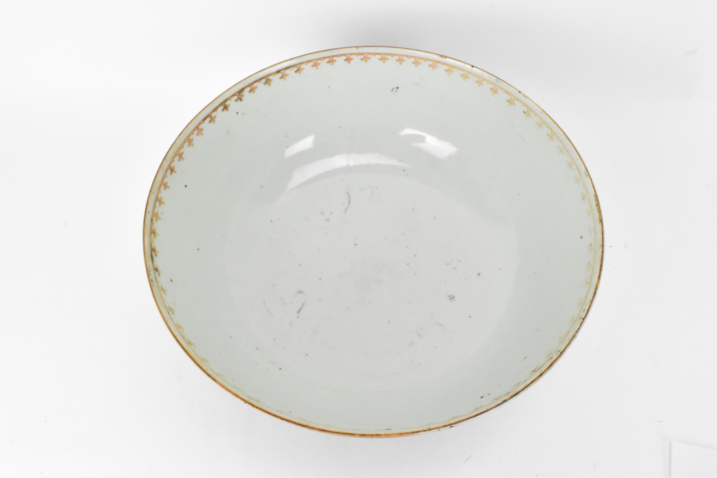 A large Chinese export Qianlong footed bowl, in a powder blue glaze and decorated with gilt flora to - Image 5 of 6