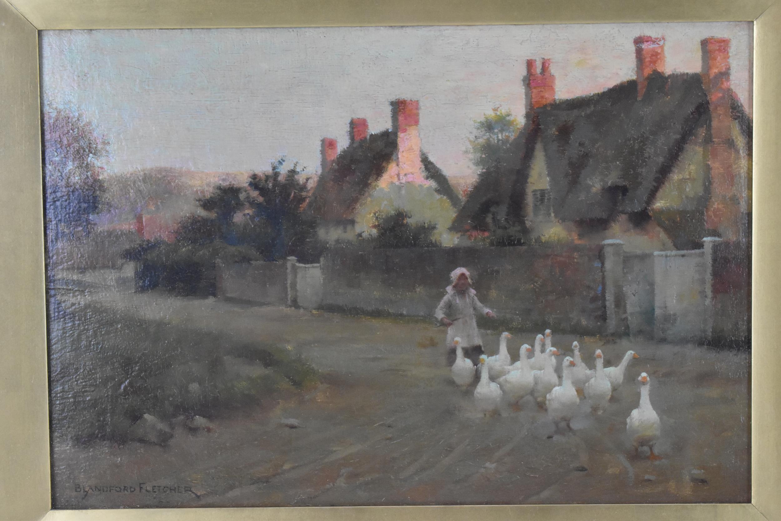 Blandford Esmond Fletcher (1858-1936) British depicting a village scene with a girl gathering geese, - Image 2 of 12