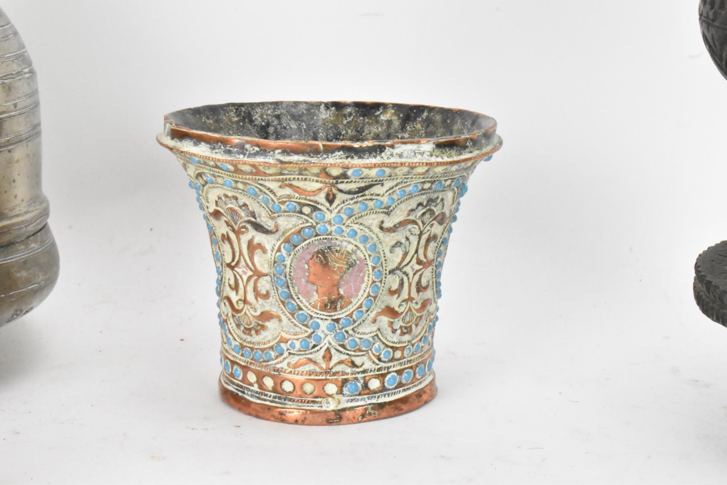 A selection of Middle Eastern artifacts to include a 19th century Persian Qajar copper hookah cup - Image 5 of 15