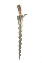 A 19th century Malayan Kris or Keris, having a double edged wavy blade with undulations, raised