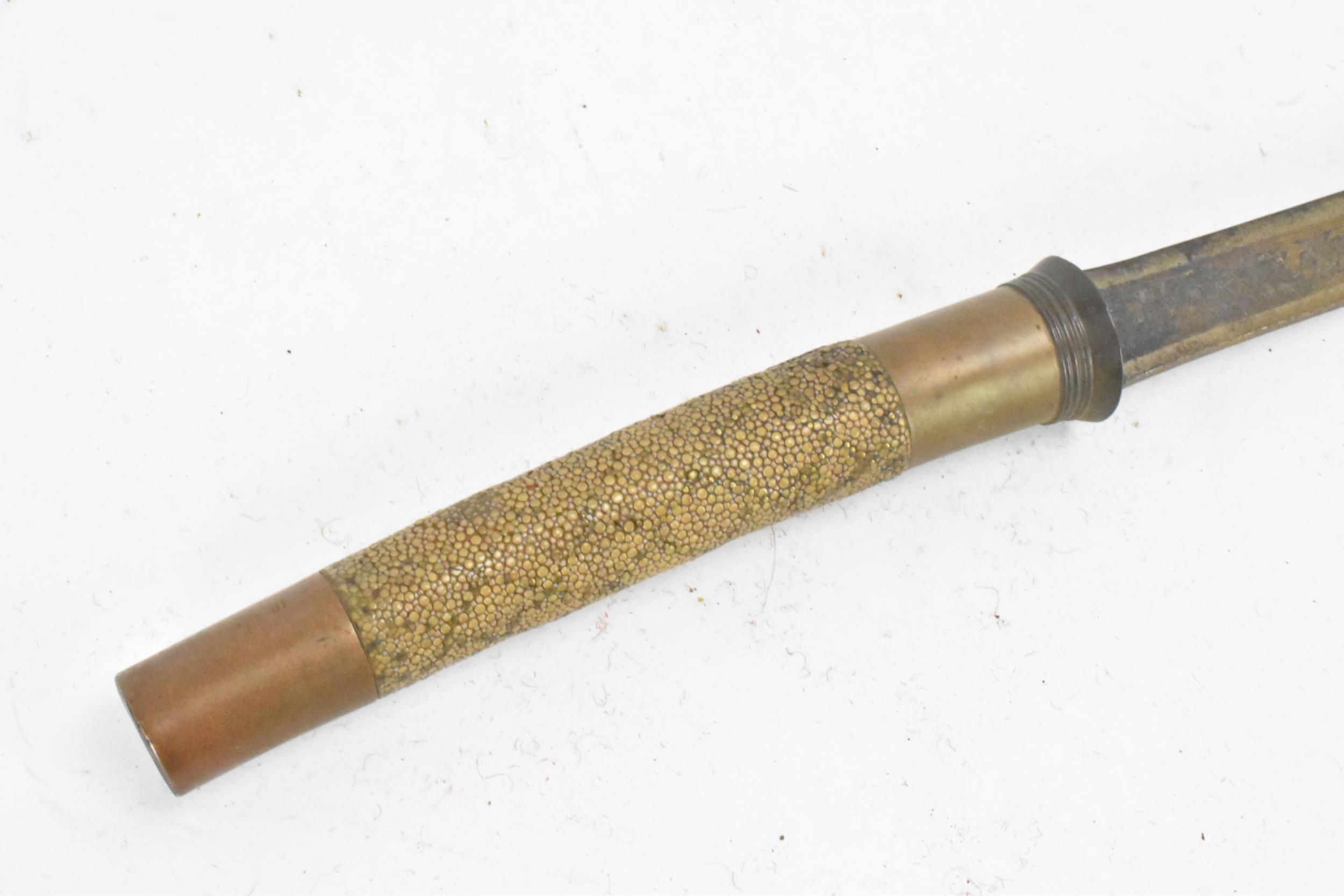 A Burmese Dha sword with shagreen handle and brass mounts and engraved curved blade, total length - Image 3 of 5