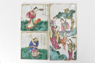 Three Chinese late Qing dynasty Famille Rose porcelain tile panels, all having polychrome enamel