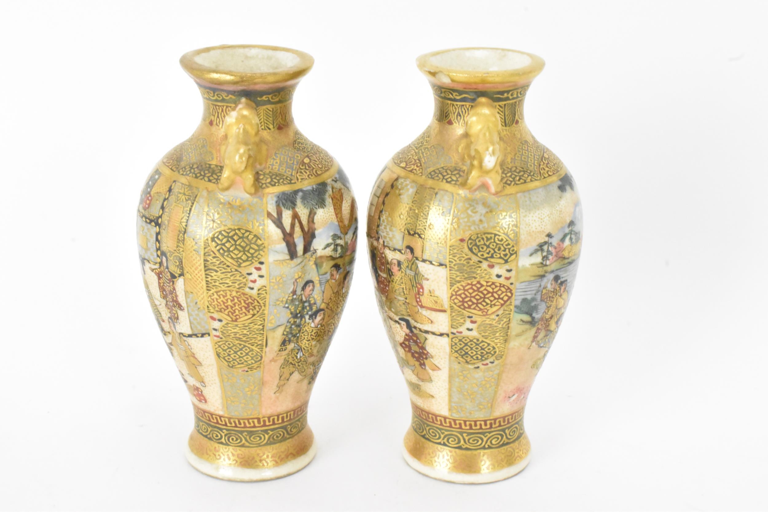 A pair of Japanese Meiji Satsuma miniature vases and a later example, the pair of tapered form, - Image 4 of 7