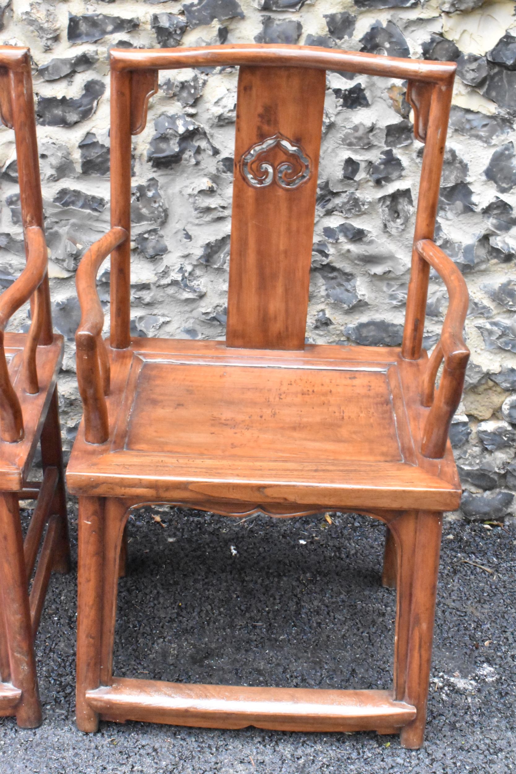 A pair of 20th century Chinese Ming style hardwood armchairs, with curved top rail and curved - Image 2 of 10