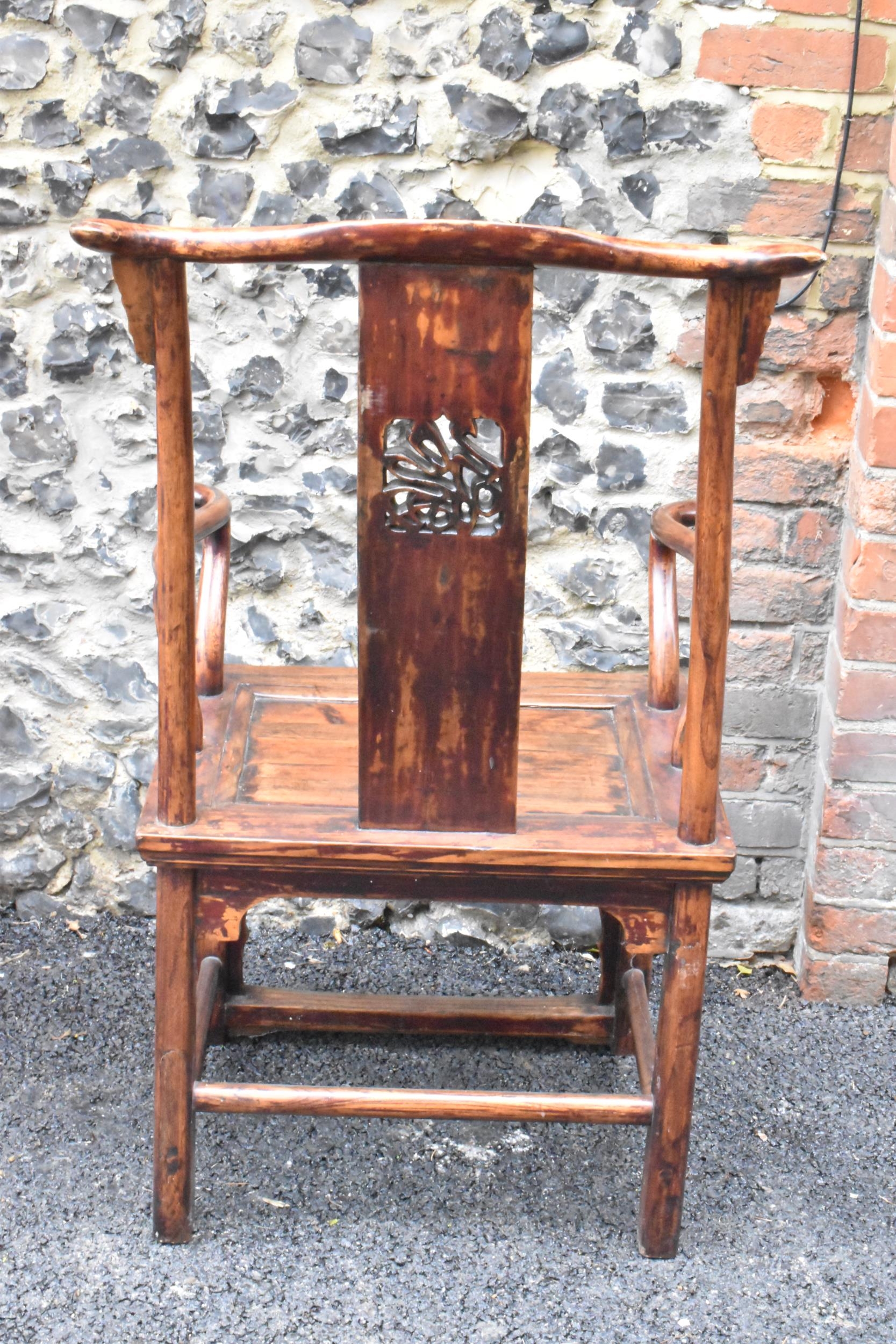 A pair of 20th century Chinese Ming style yoke back hardwood armchairs, with curved top rail and - Image 4 of 10