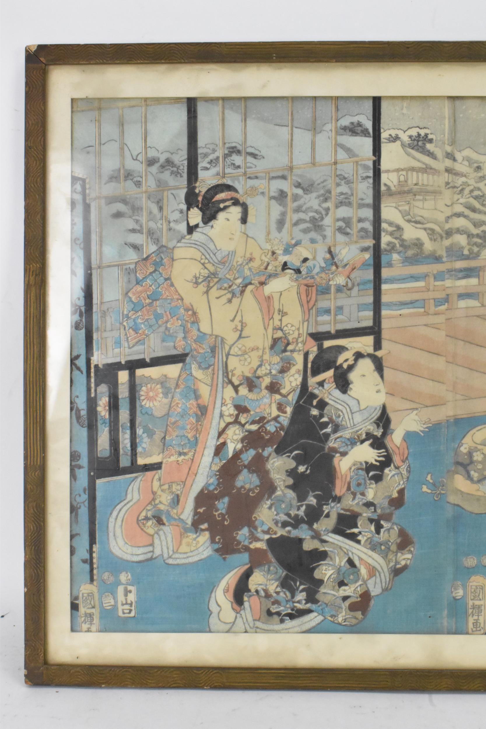 Utagawa Kuniyoshi (1797-1861) A mid 19th century woodblock print depicting Geisha girls interior - Image 3 of 8