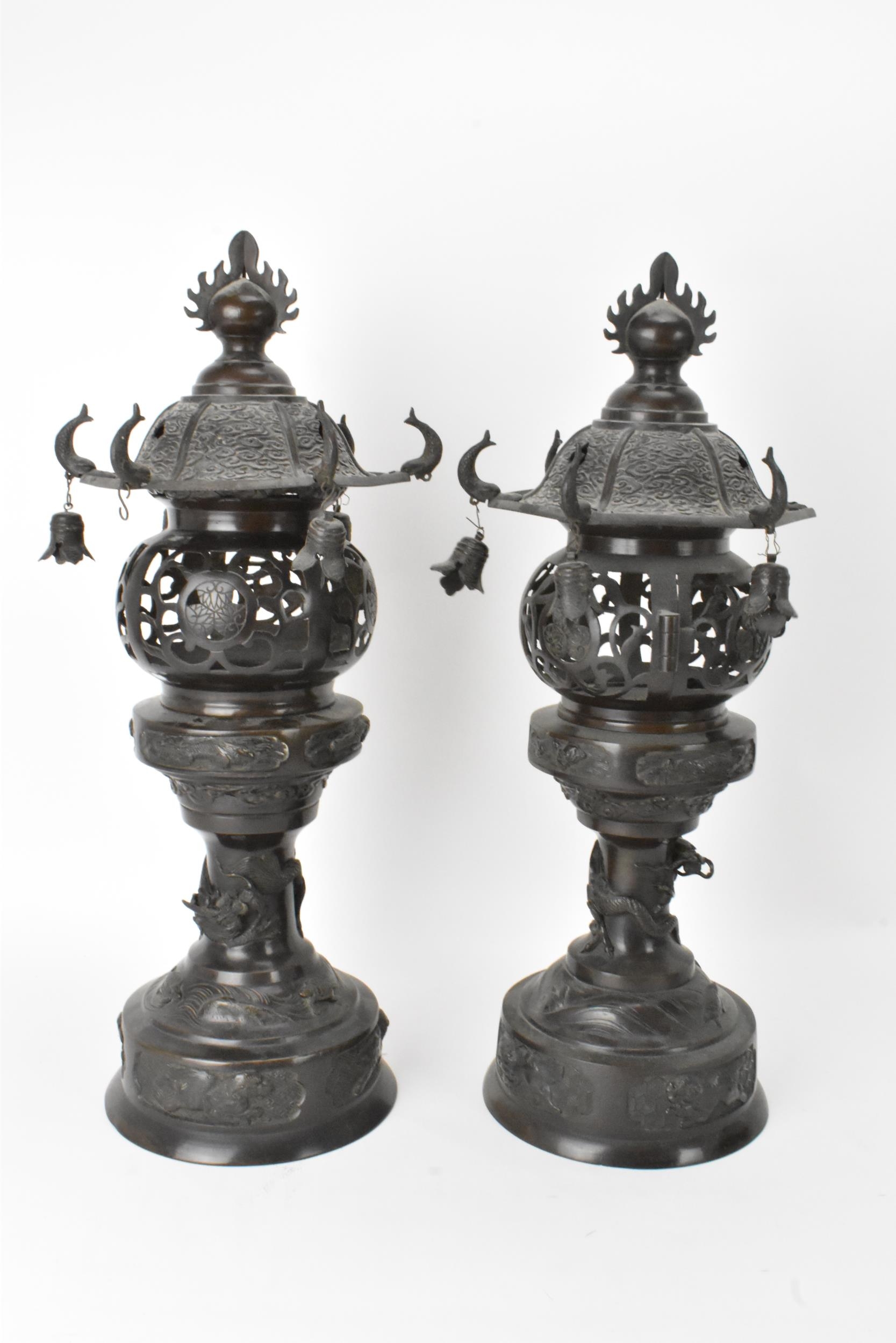 A pair of Japanese Meiji period bronze koros in the form of temples with pagoda roof with bells, - Image 3 of 7