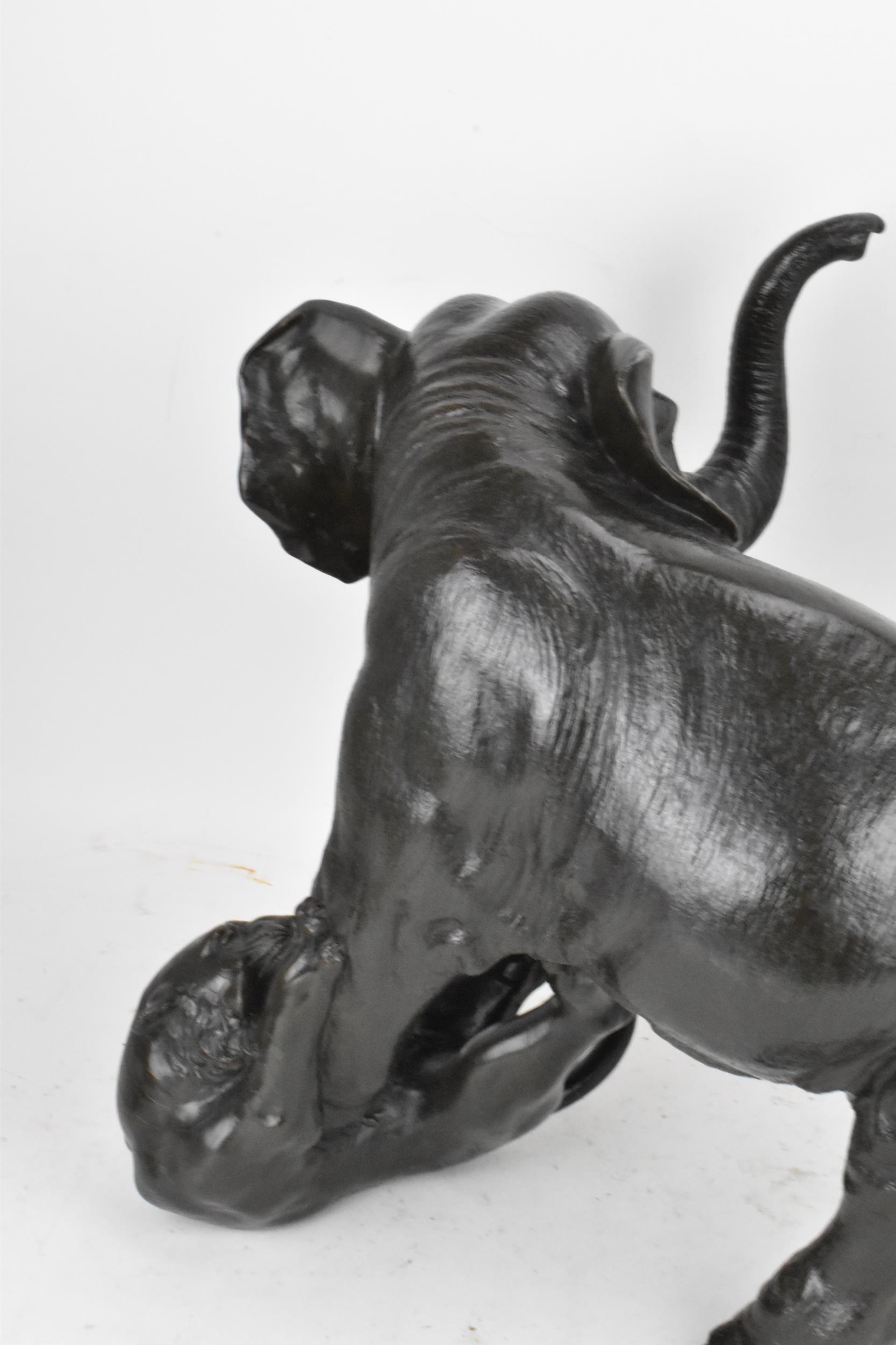 A Japanese Meiji period bronze group modeled as an elephant being attacked by three Siberian tigers, - Image 7 of 15