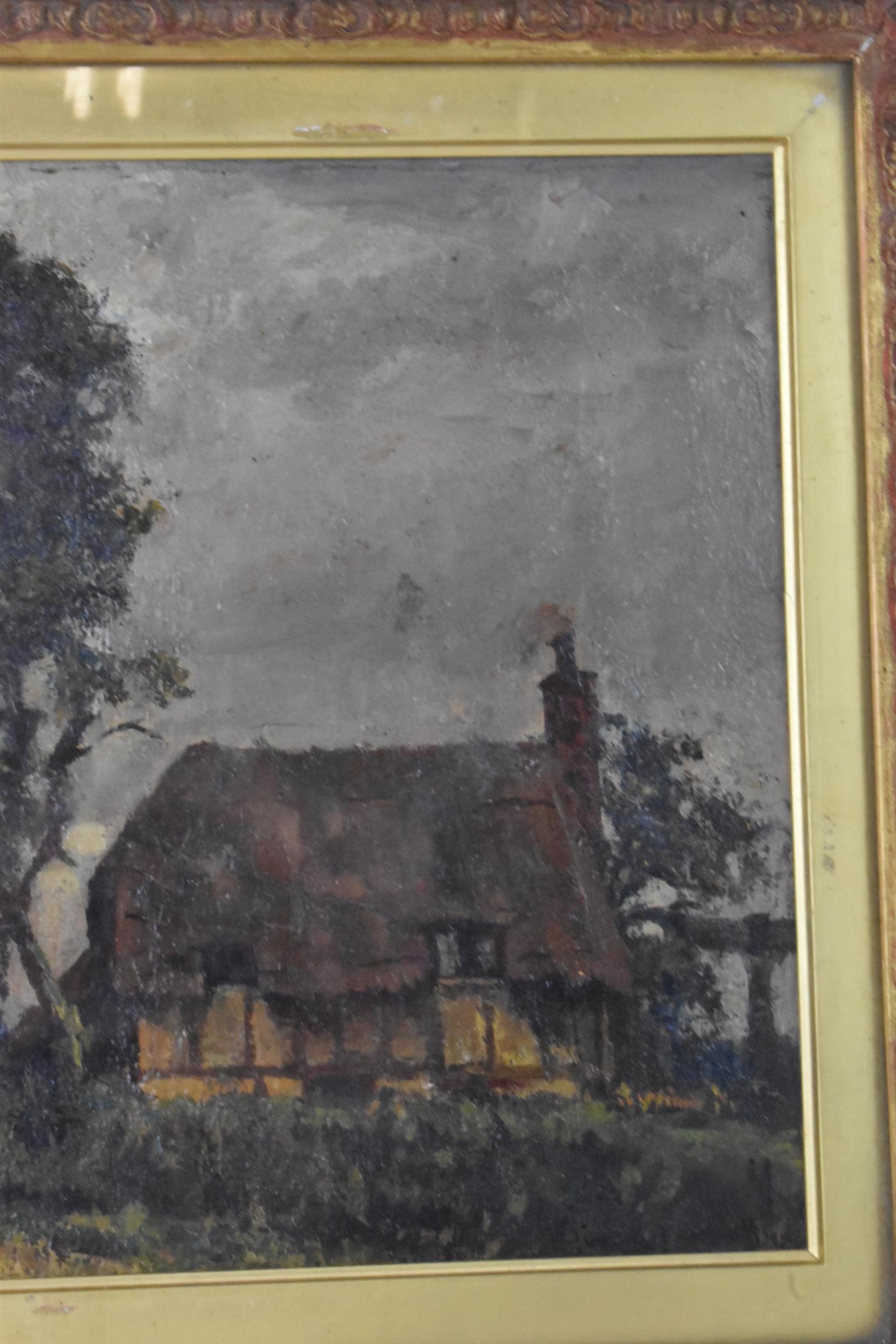 A late 19th century oil on canvas landscape scene depicting a cottage with a figure to the - Image 2 of 5