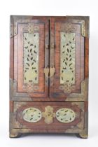 A Chinese 20th century hardwood and jade panelled jewellery cabinet box, the cabinet having twin