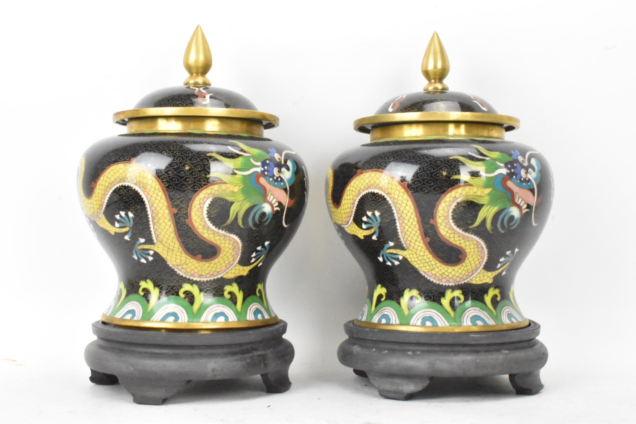 A pair of Chinese mid 20th century cloisonne lidded vases, each of baluster form body with black - Image 4 of 8