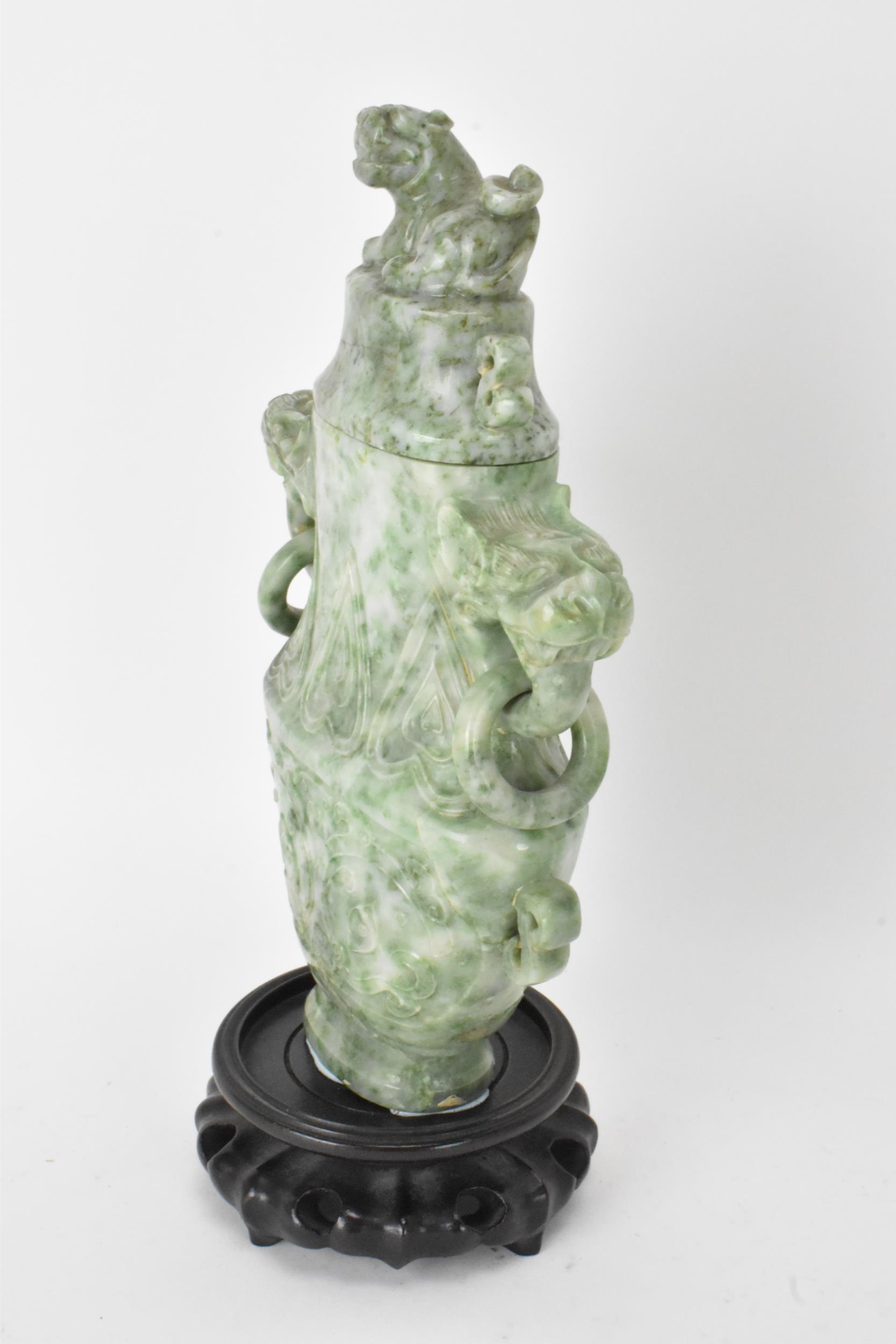A Chinese 20th century jadeite vase, of flattened baluster shape with archaistic relief - Image 8 of 8
